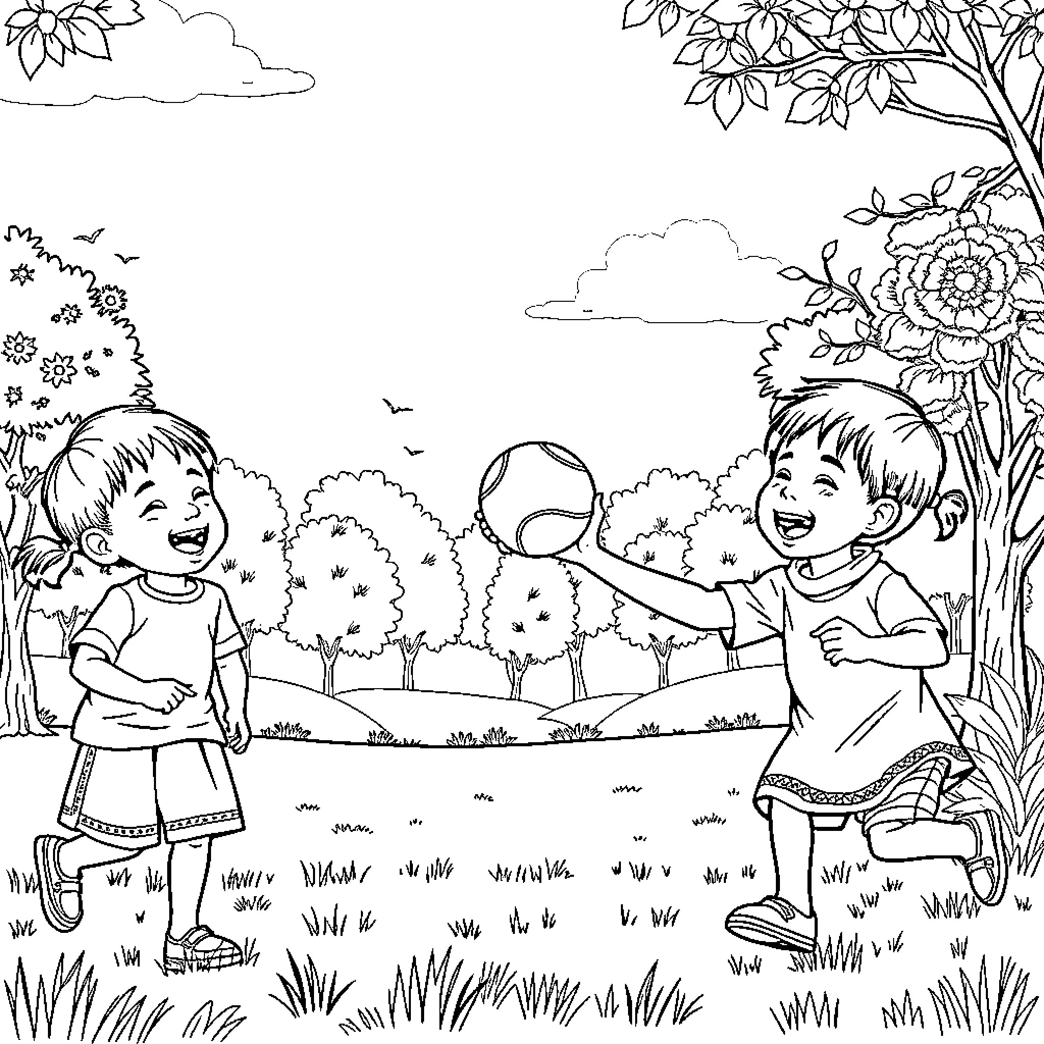 Kids playing joyfully in the park Coloring Page (free black-and-white line drawing printable PDF for all, from beginners to advanced learners, including children, teens, adults, and seniors)