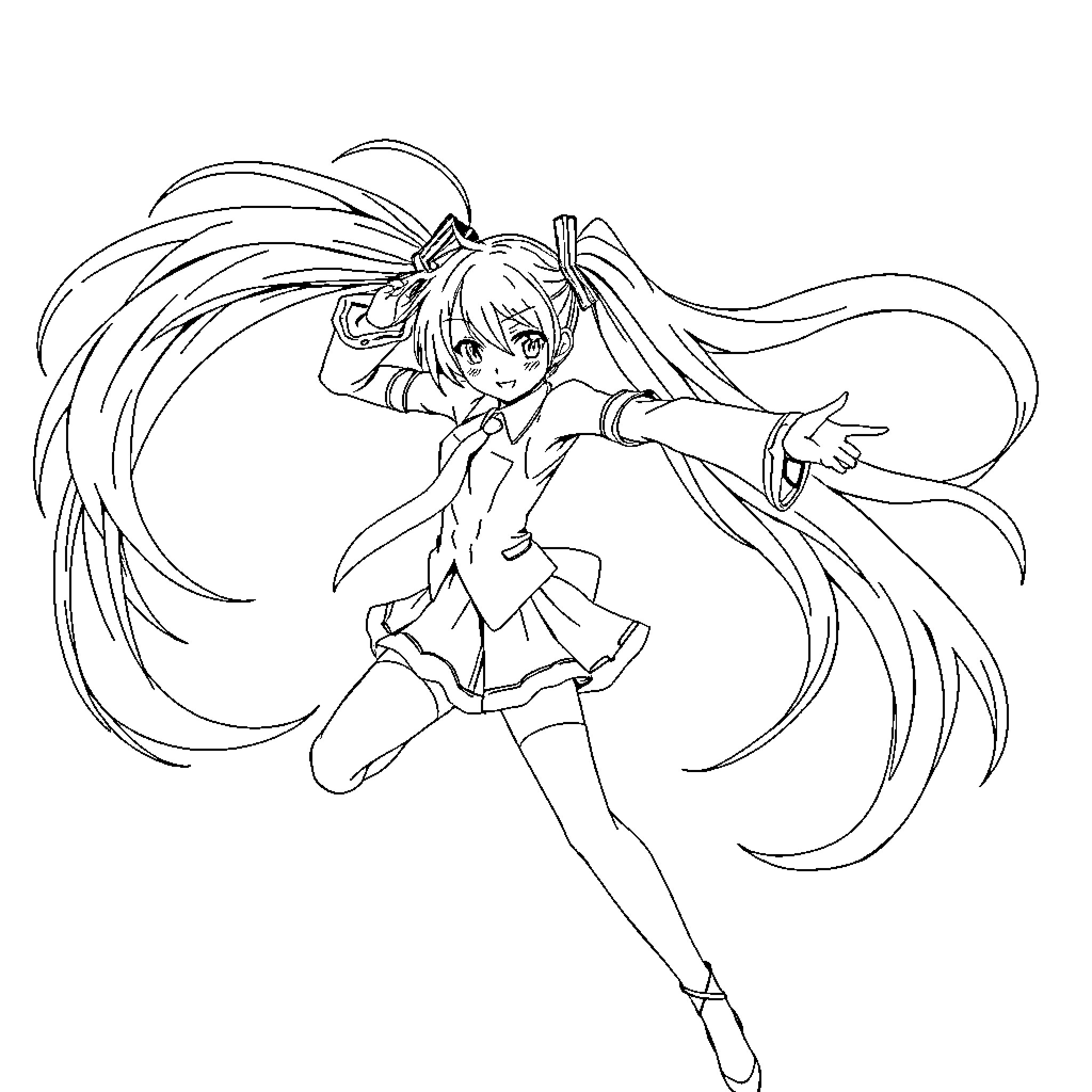 Hatsune Miku performing energetic dance routine Coloring Page (free black-and-white line drawing printable PDF for all, from beginners to advanced learners, including children, teens, adults, and seniors)