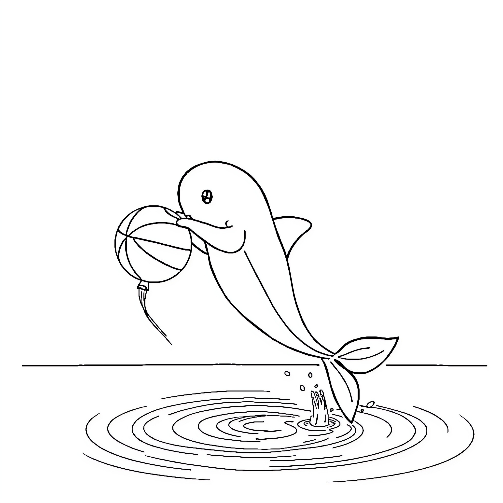 Dolphin playing with beach ball in the water Coloring Page (free black-and-white line drawing printable PDF for all, from beginners to advanced learners, including children, teens, adults, and seniors)