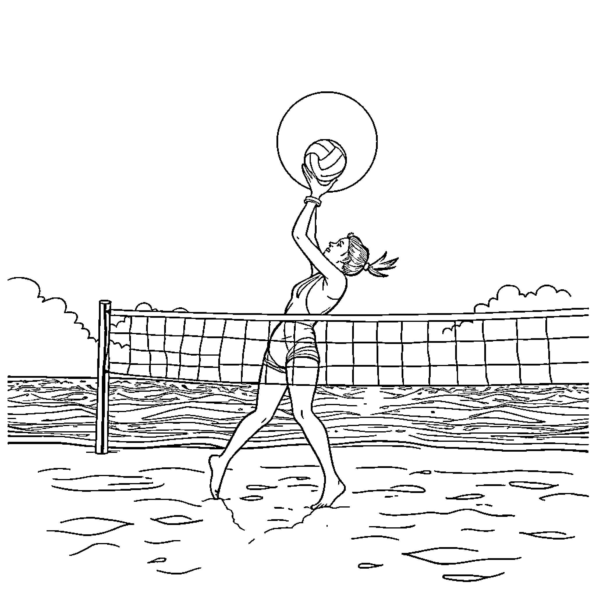 Labubu playing volleyball at the beach Coloring Page (free black-and-white line drawing printable PDF for all, from beginners to advanced learners, including children, teens, adults, and seniors)