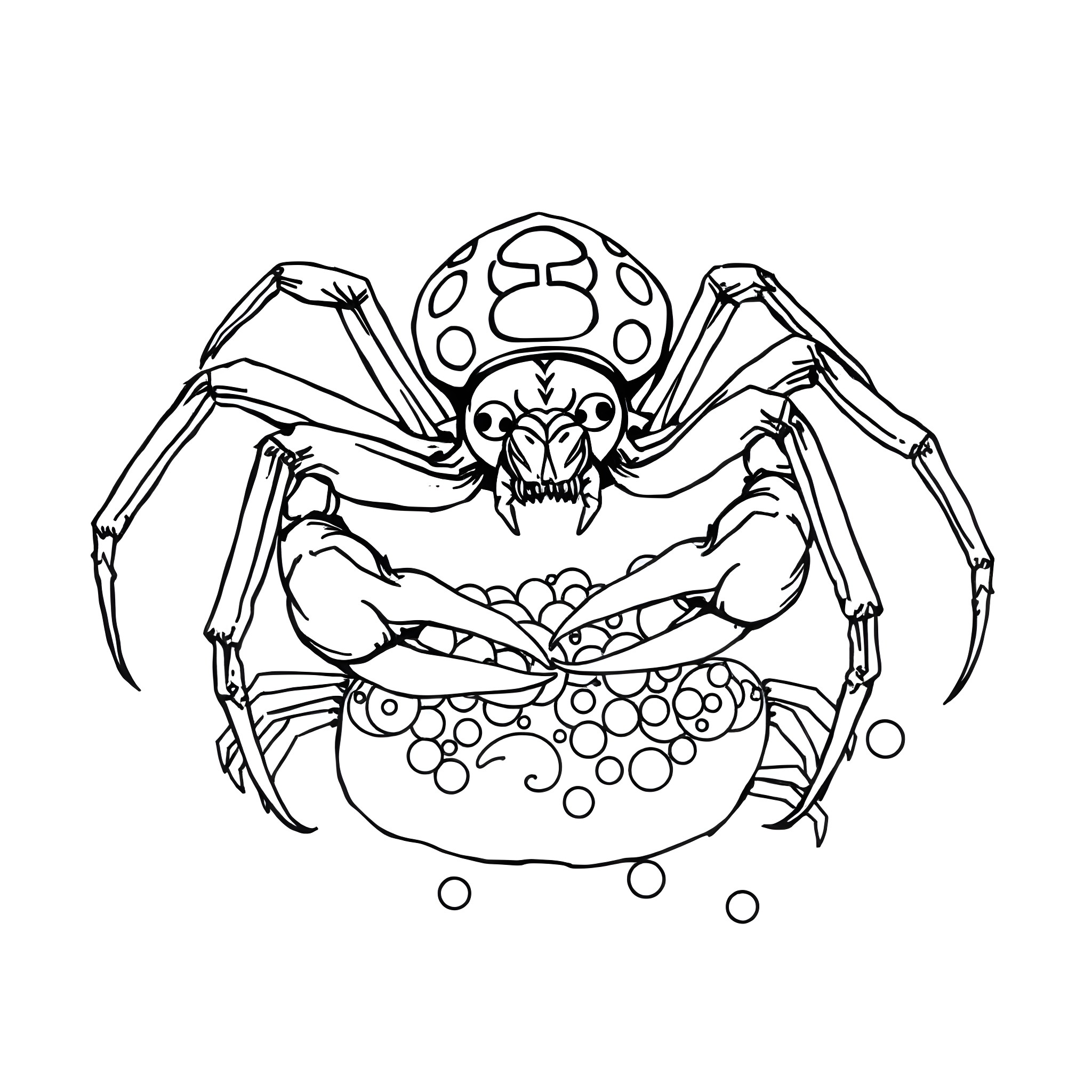 Spider-like creature with skull face and bubbles Coloring Page (free black-and-white line drawing printable PDF for all, from beginners to advanced learners, including children, teens, adults, and seniors)