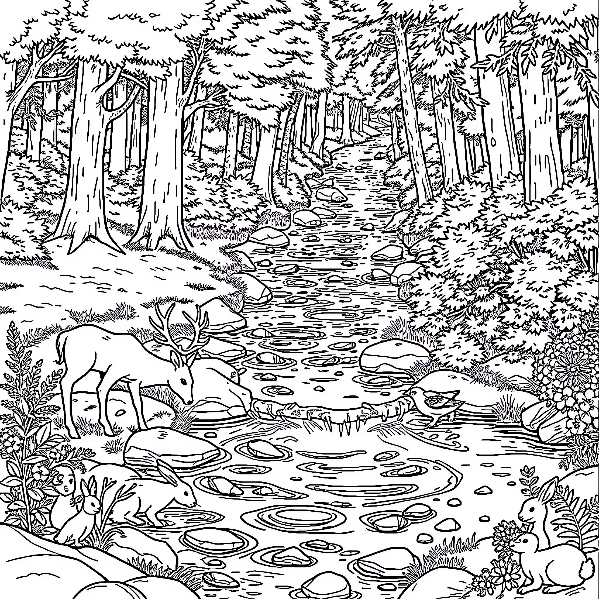 Stream flowing through the enchanting forest Coloring Page (free black-and-white line drawing printable PDF for all, from beginners to advanced learners, including children, teens, adults, and seniors)