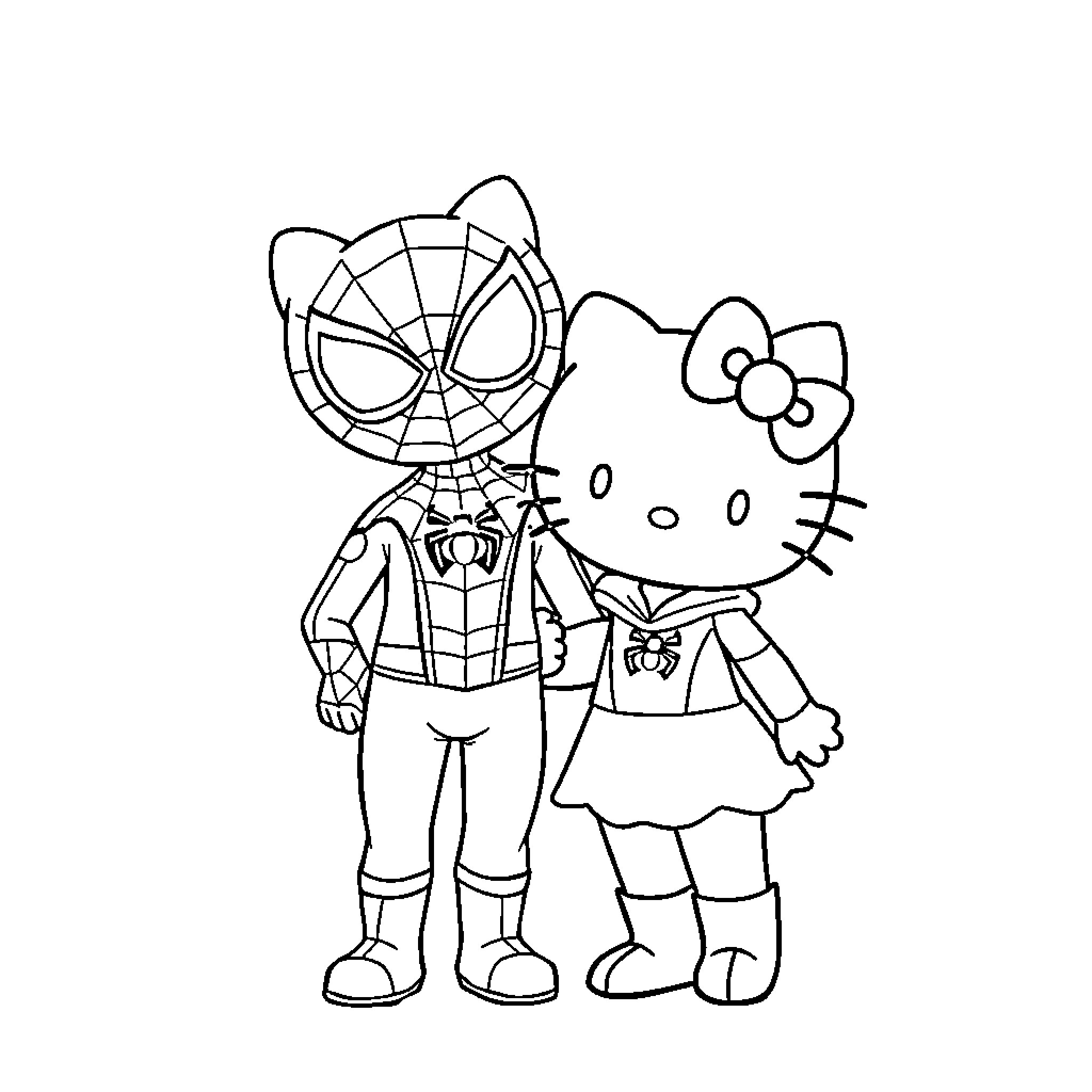 Hello Kitty and Spiderman Pose Together Coloring Page (free black-and-white line drawing printable PDF for all, from beginners to advanced learners, including children, teens, adults, and seniors)