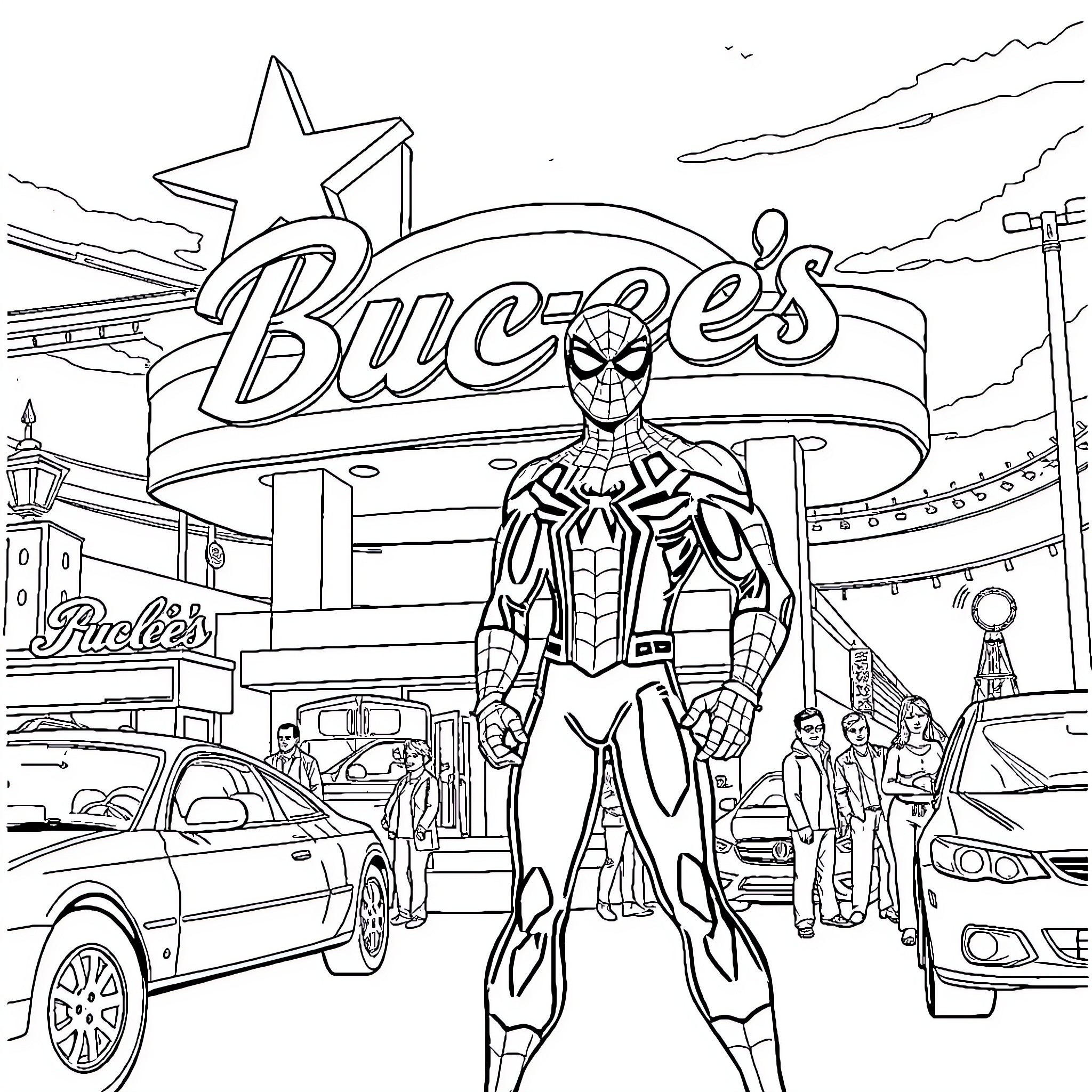 Spiderman visiting Bucky's Diner in the city Coloring Page (free black-and-white line drawing printable PDF for all, from beginners to advanced learners, including children, teens, adults, and seniors)