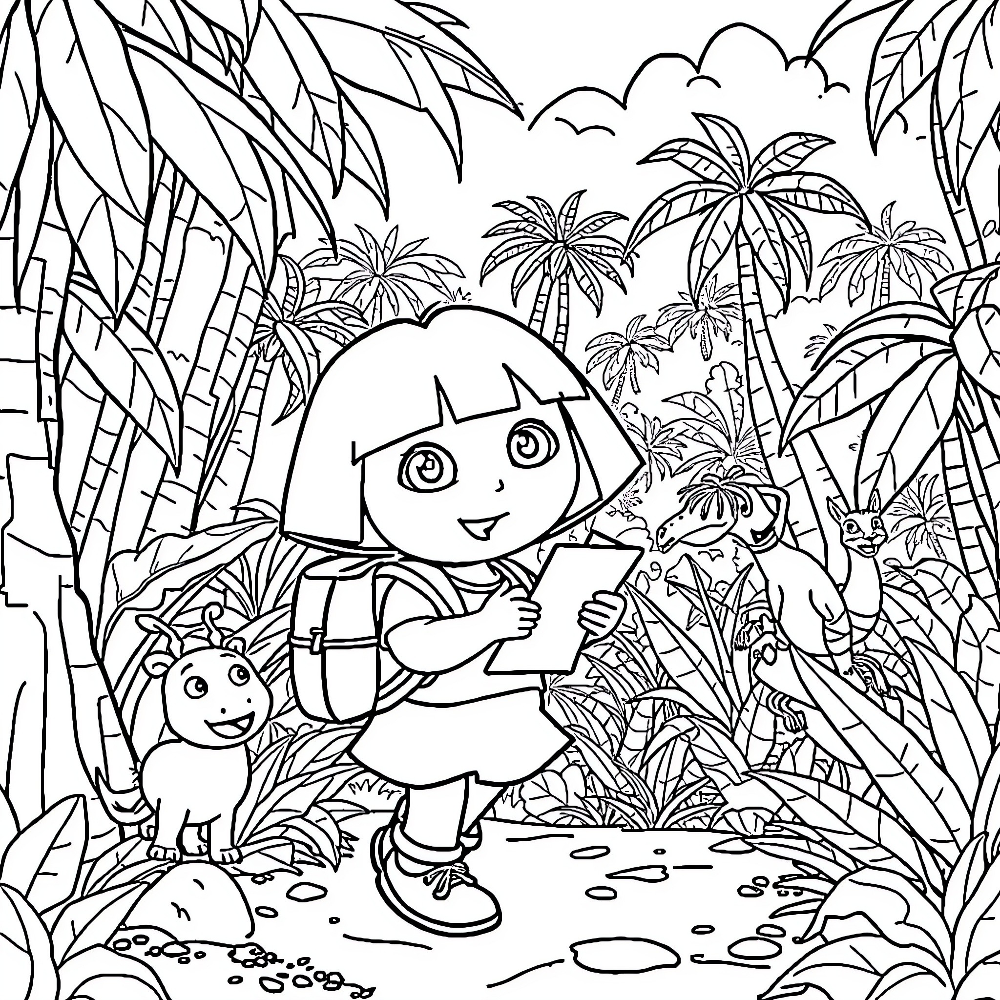 Dora's Adventure in the Tropical Jungle Coloring Page (free black-and-white line drawing printable PDF for all, from beginners to advanced learners, including children, teens, adults, and seniors)