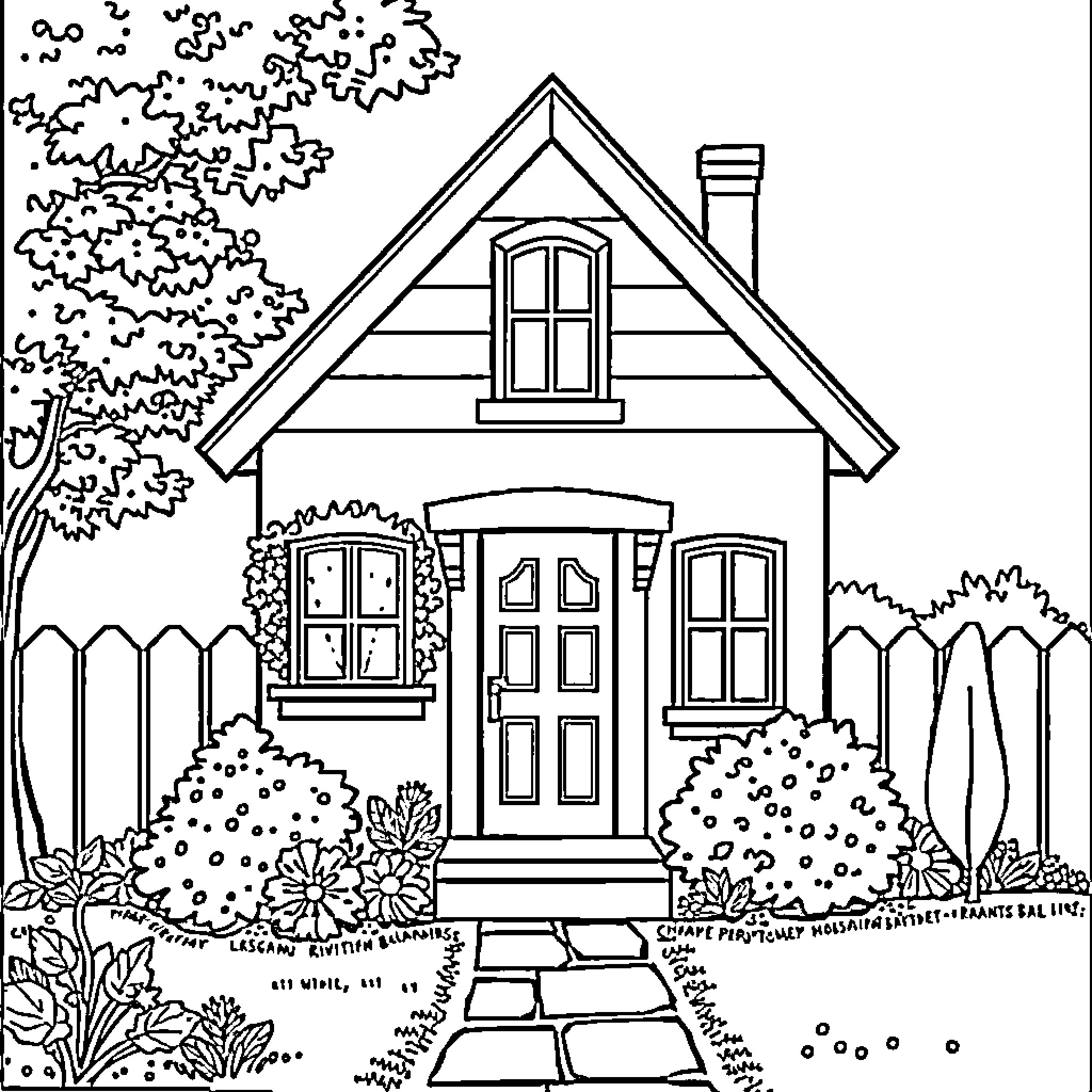 House with flowers and landscaping Coloring Page (free black-and-white line drawing printable PDF for all, from beginners to advanced learners, including children, teens, adults, and seniors)
