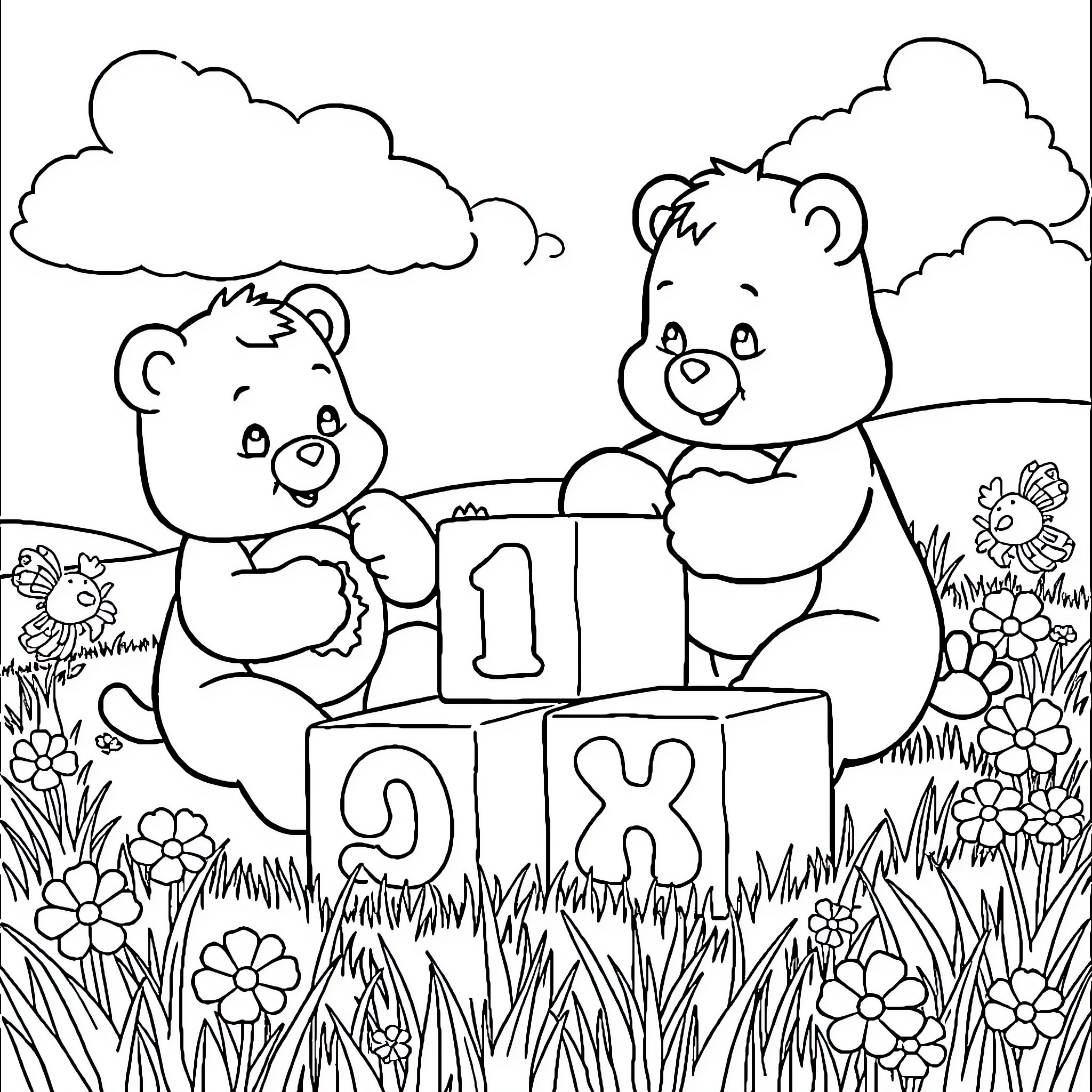 Care Bears playing happily with toy blocks in nature Coloring Page (free black-and-white line drawing printable PDF for all, from beginners to advanced learners, including children, teens, adults, and seniors)