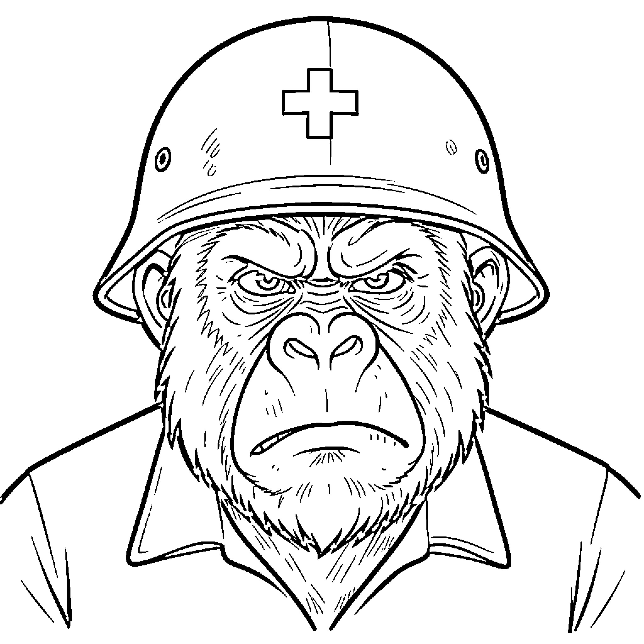 Ape Soldier in Serious Expression with Uniform Coloring Page (free black-and-white line drawing printable PDF for all, from beginners to advanced learners, including children, teens, adults, and seniors)