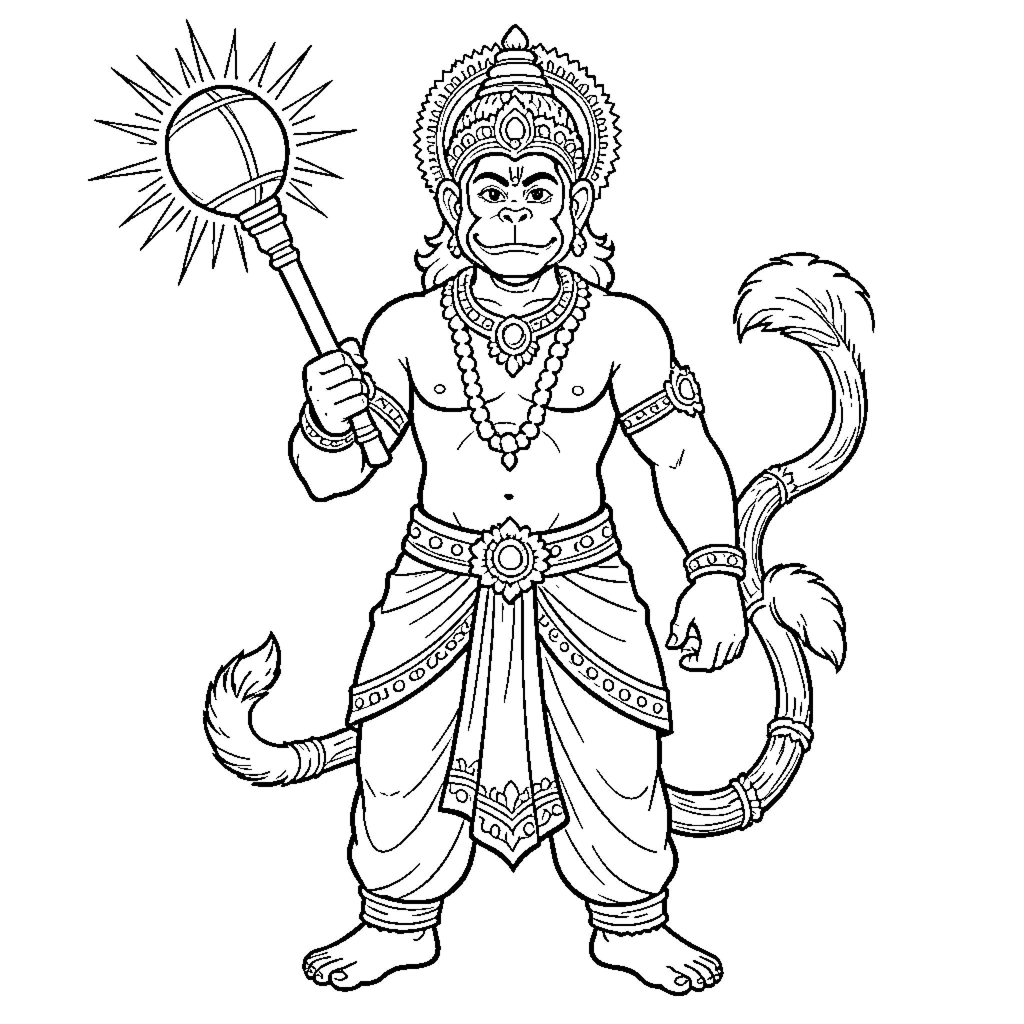 Hanuman wielding a mace in ceremonial attire Coloring Page (free black-and-white line drawing printable PDF for all, from beginners to advanced learners, including children, teens, adults, and seniors)