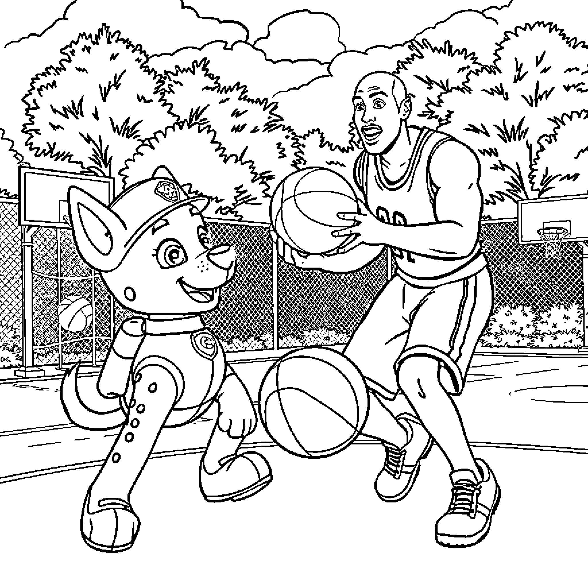 Marcus Plays Basketball with Friendly Cartoon Dog Coloring Page (free black-and-white line drawing printable PDF for all, from beginners to advanced learners, including children, teens, adults, and seniors)