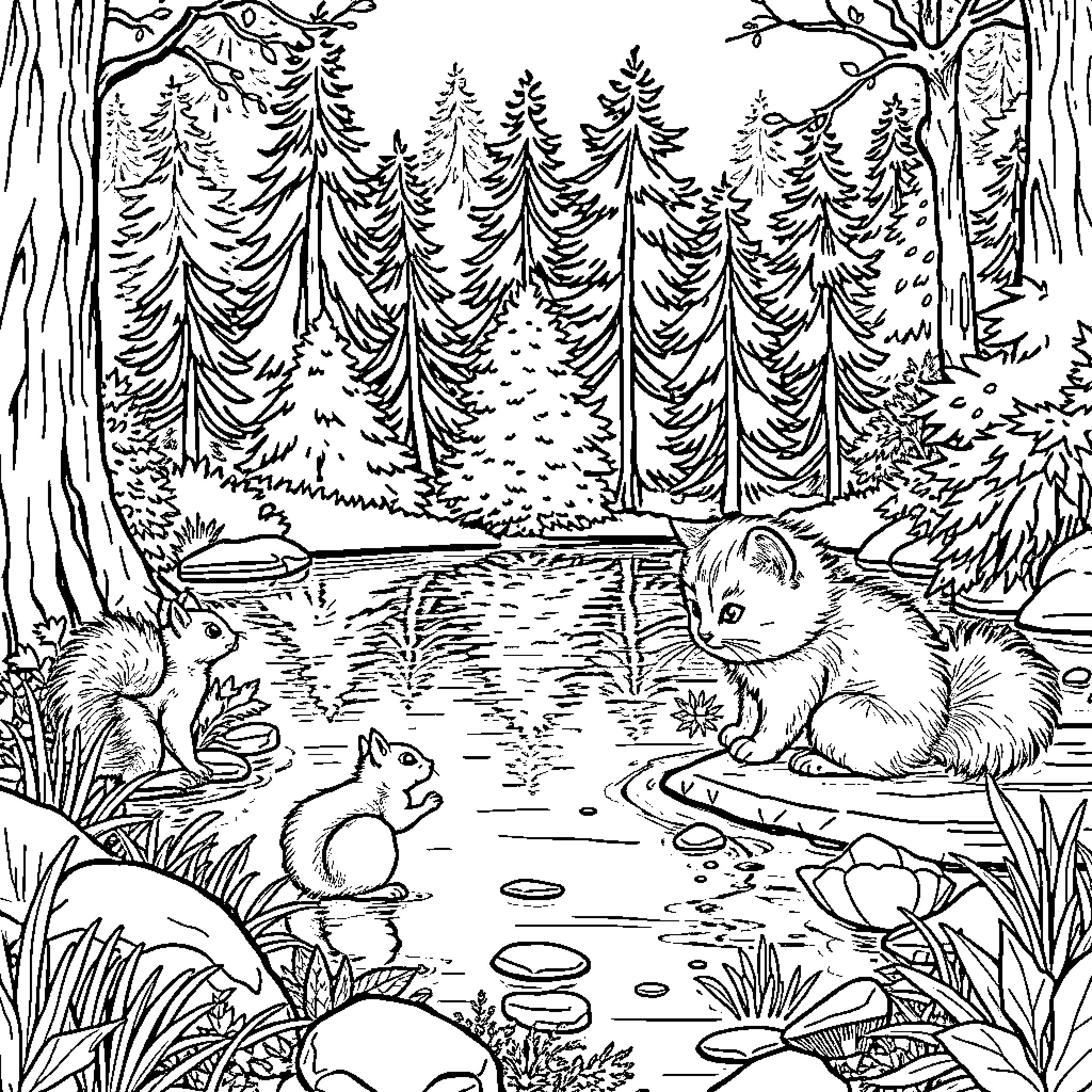Kittens Exploring the Forest Pond Coloring Page (free black-and-white line drawing printable PDF for all, from beginners to advanced learners, including children, teens, adults, and seniors)