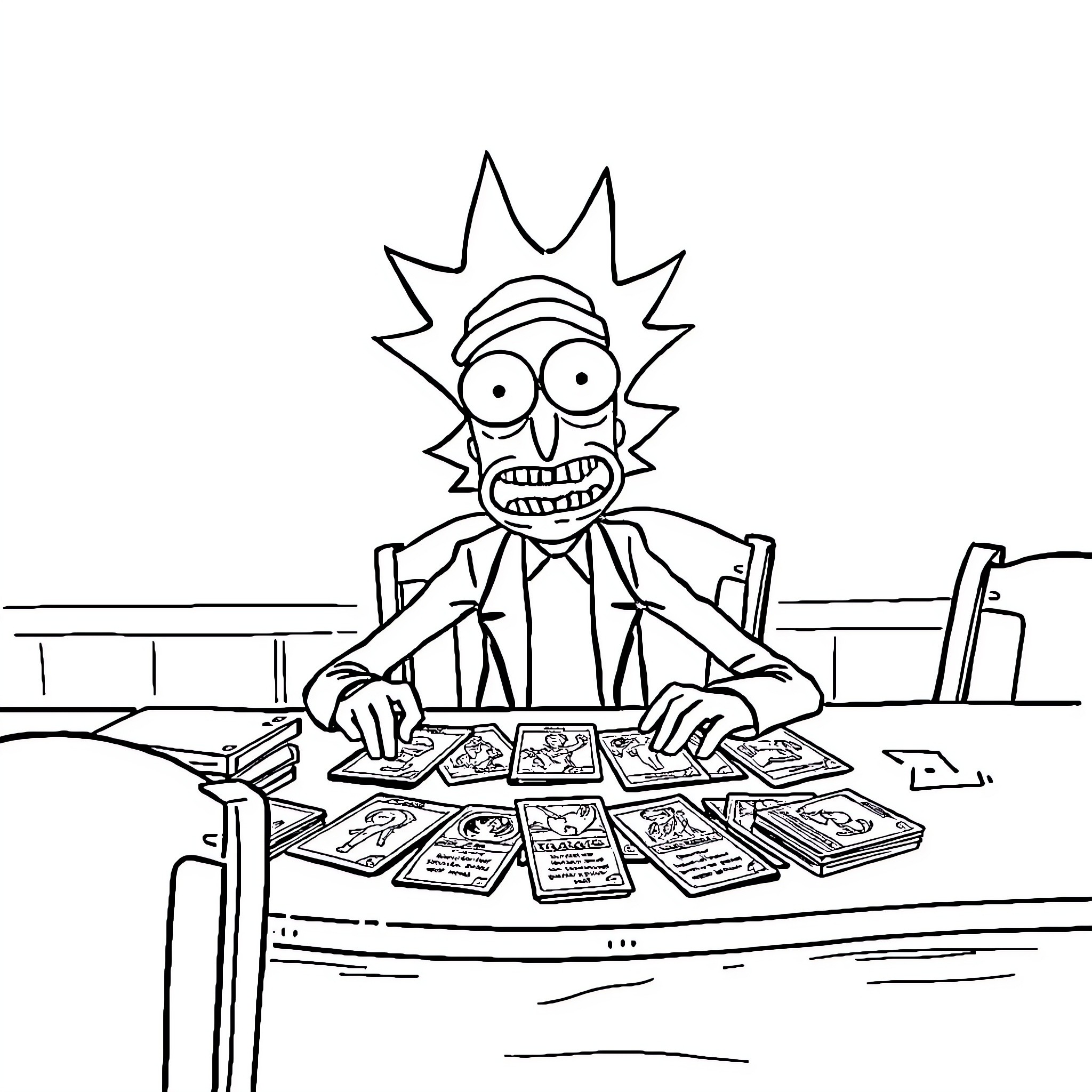 Pickle Rick working diligently at his desk Coloring Page (free black-and-white line drawing printable PDF for all, from beginners to advanced learners, including children, teens, adults, and seniors)