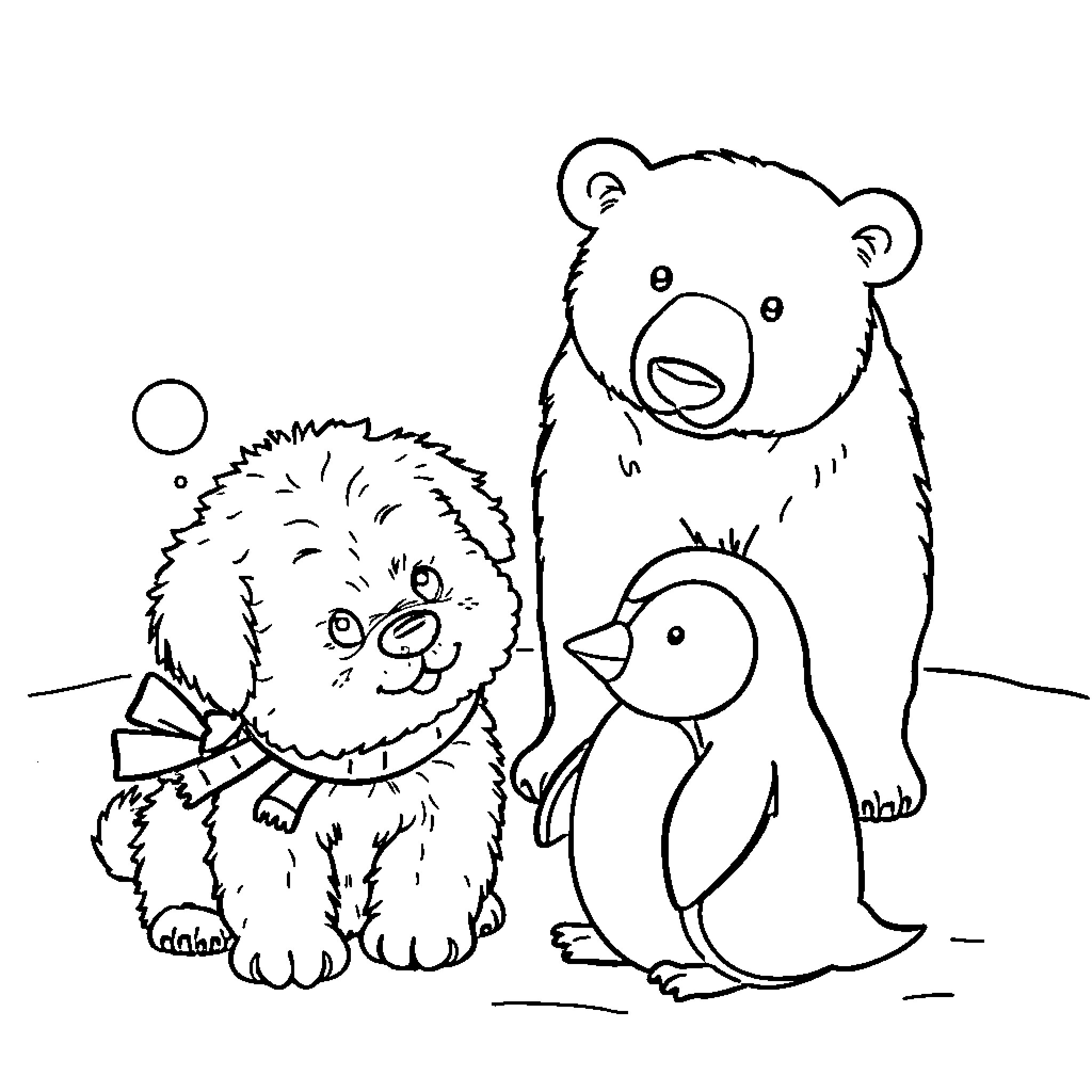 Puppy, Bear, and Penguin Enjoying Outdoor Scene Coloring Page (free black-and-white line drawing printable PDF for all, from beginners to advanced learners, including children, teens, adults, and seniors)