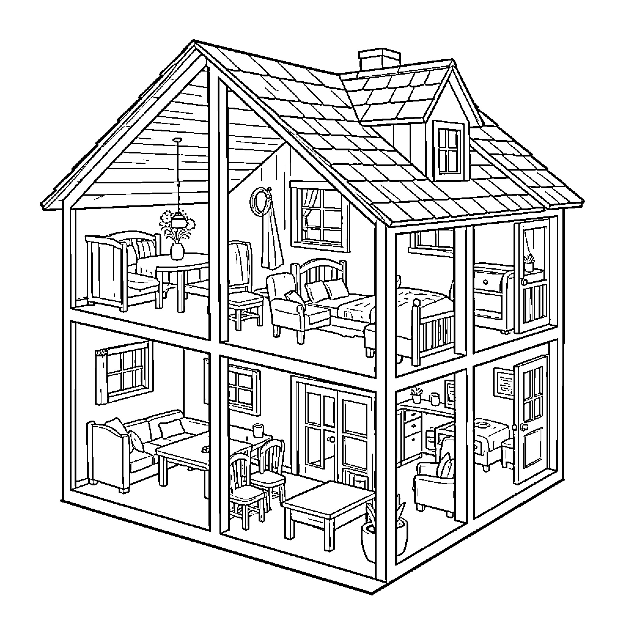 Dollhouse featuring various cozy miniature interior rooms Coloring Page (free black-and-white line drawing printable PDF for all, from beginners to advanced learners, including children, teens, adults, and seniors)