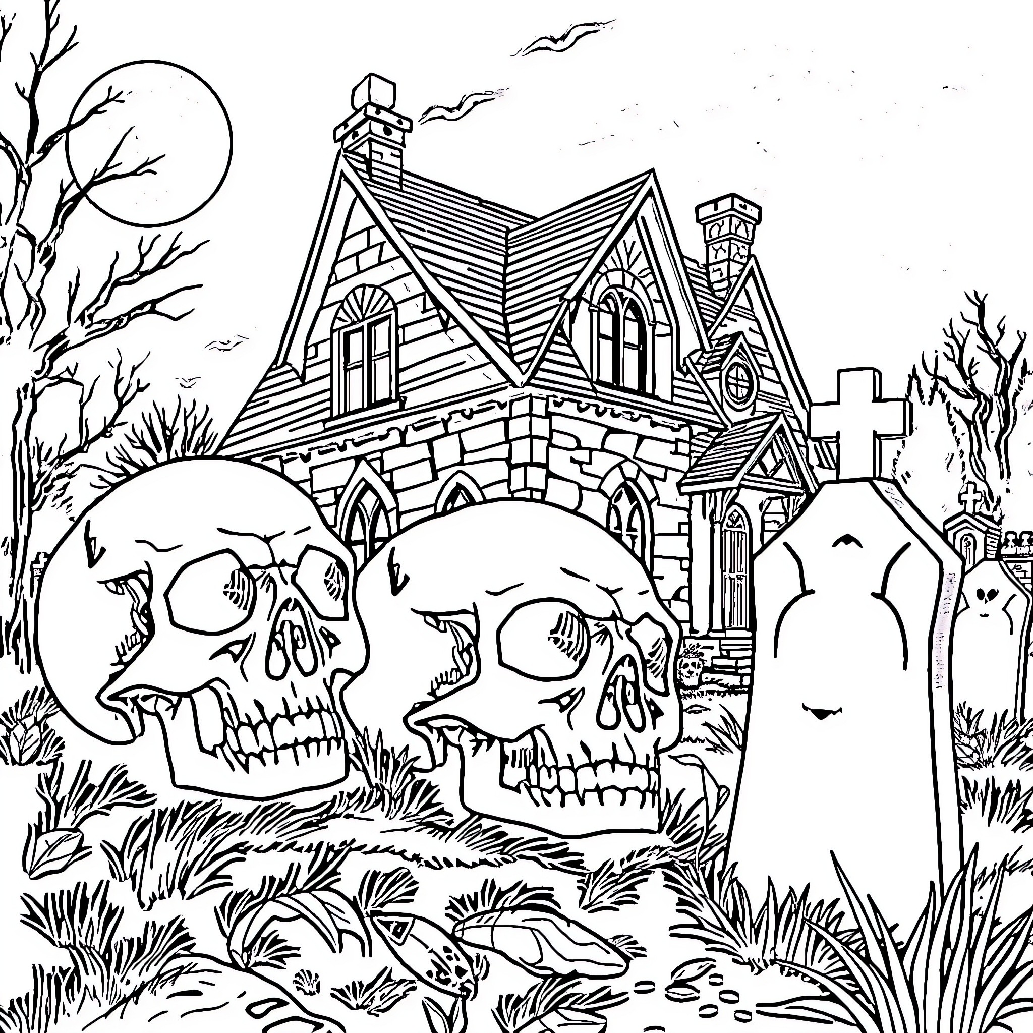 Skull haunted house and graveyard scene Coloring Page (free black-and-white line drawing printable PDF for all, from beginners to advanced learners, including children, teens, adults, and seniors)