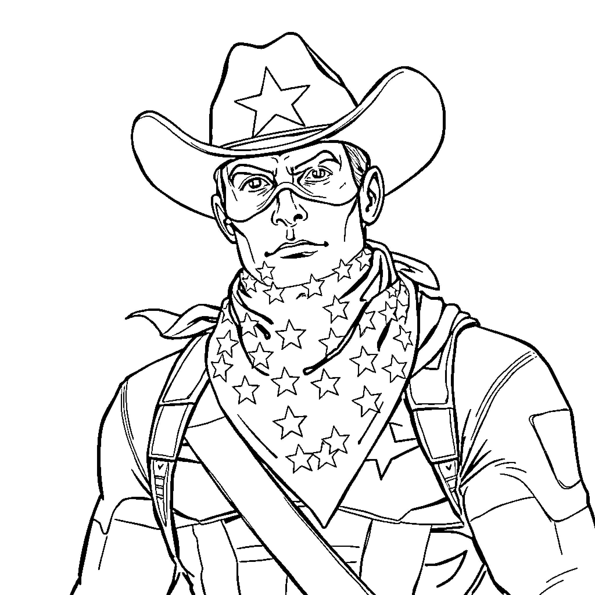 Captain America Cowboy with Patriotic Attire Coloring Page (free black-and-white line drawing printable PDF for all, from beginners to advanced learners, including children, teens, adults, and seniors)