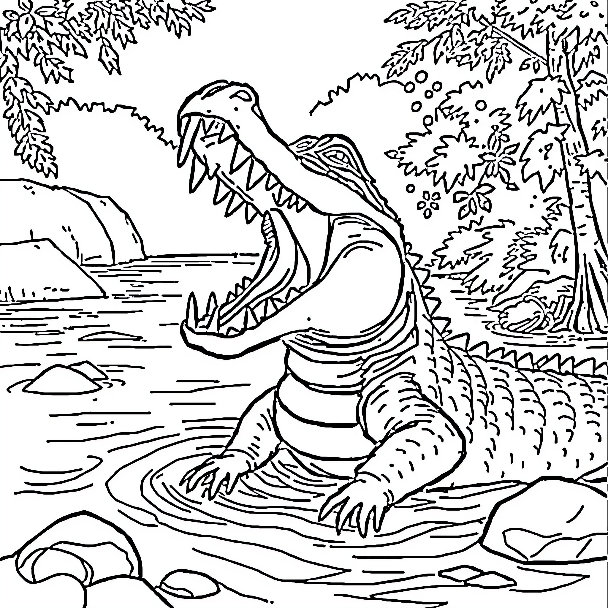 Crocodile snapping in a tropical riverbank scene Coloring Page (free black-and-white line drawing printable PDF for all, from beginners to advanced learners, including children, teens, adults, and seniors)