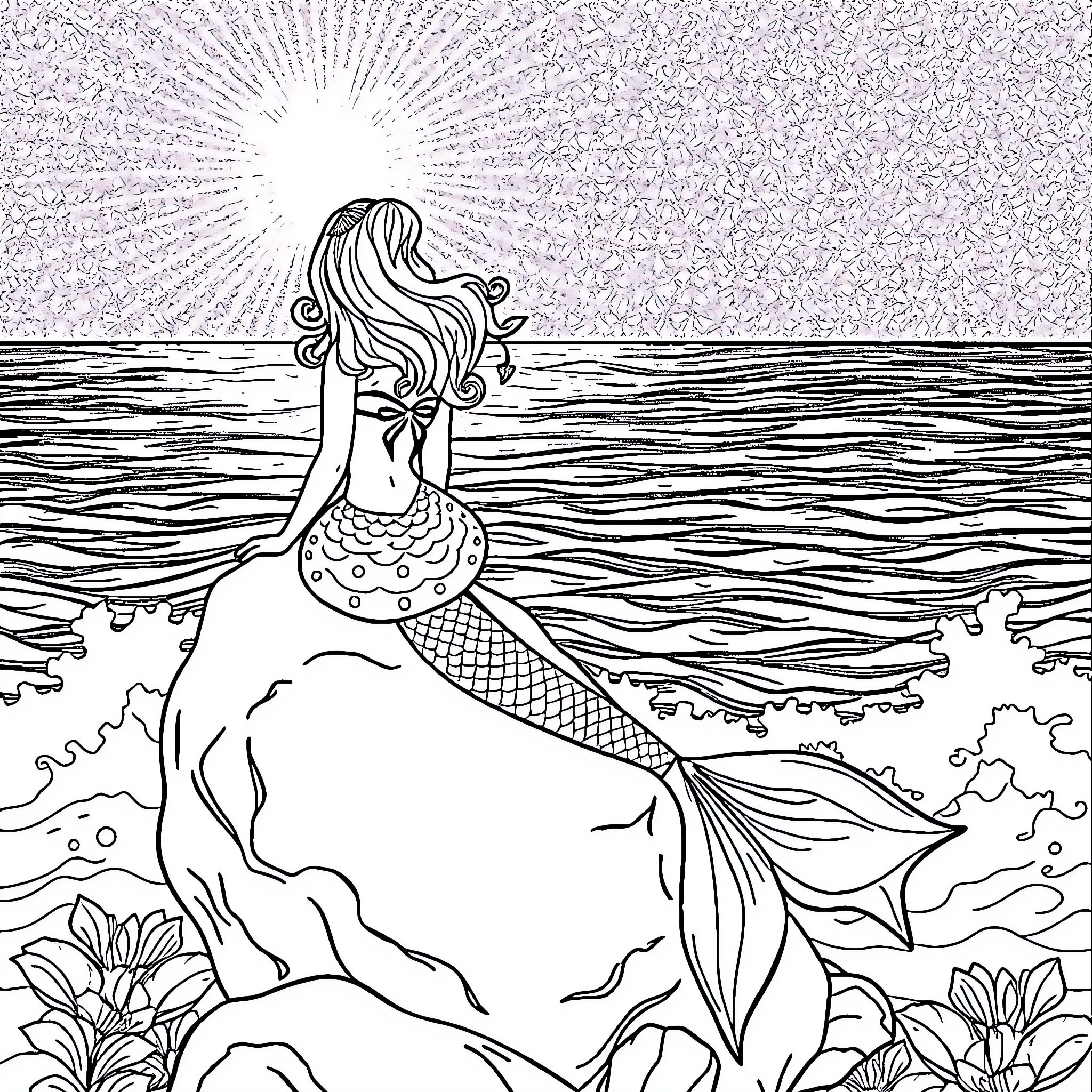 Mermaid gazing at the sunset over the ocean Coloring Page (free black-and-white line drawing printable PDF for all, from beginners to advanced learners, including children, teens, adults, and seniors)