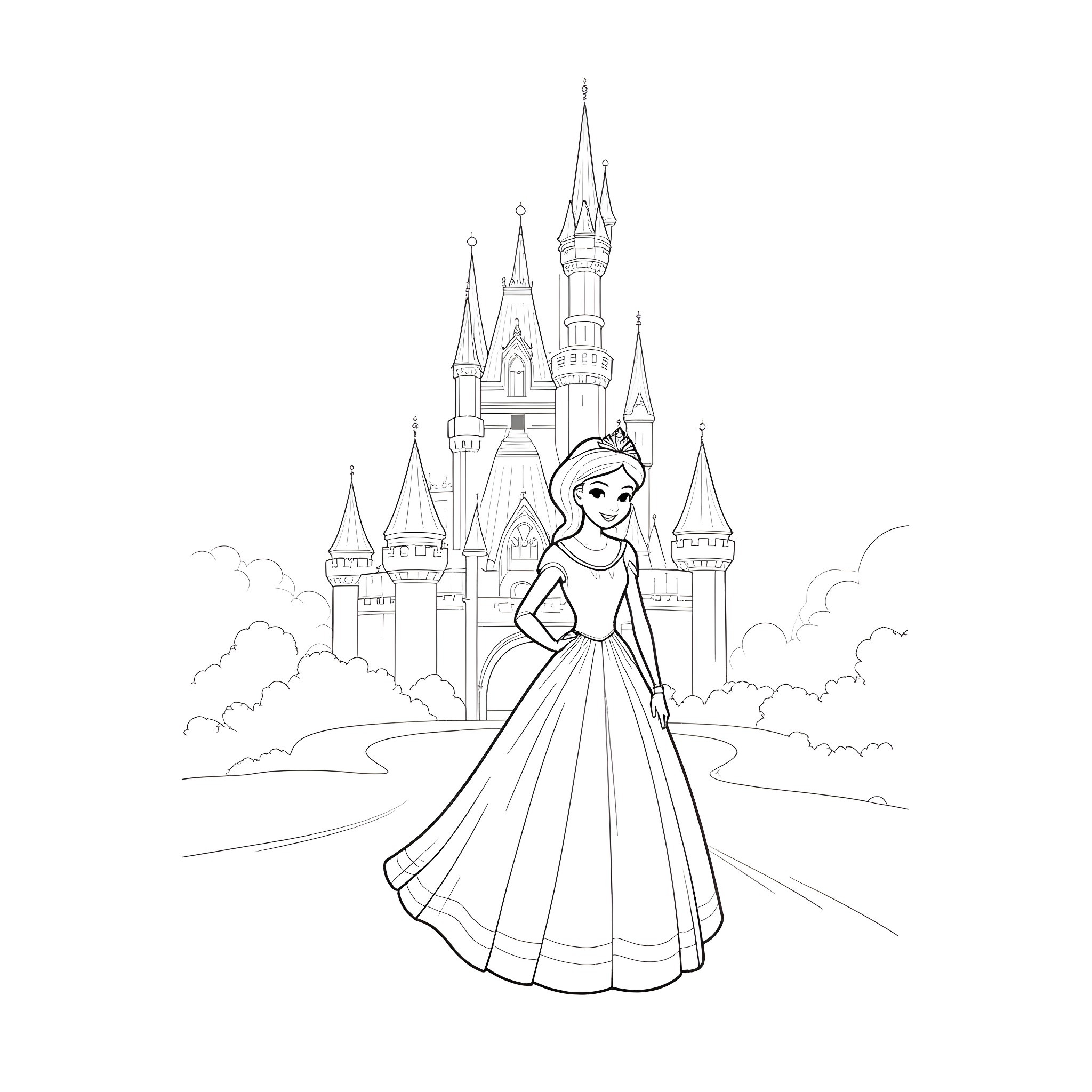 Aurora in a Fairytale Castle Coloring Page (free black-and-white line drawing printable PDF for all, from beginners to advanced learners, including children, teens, adults, and seniors)