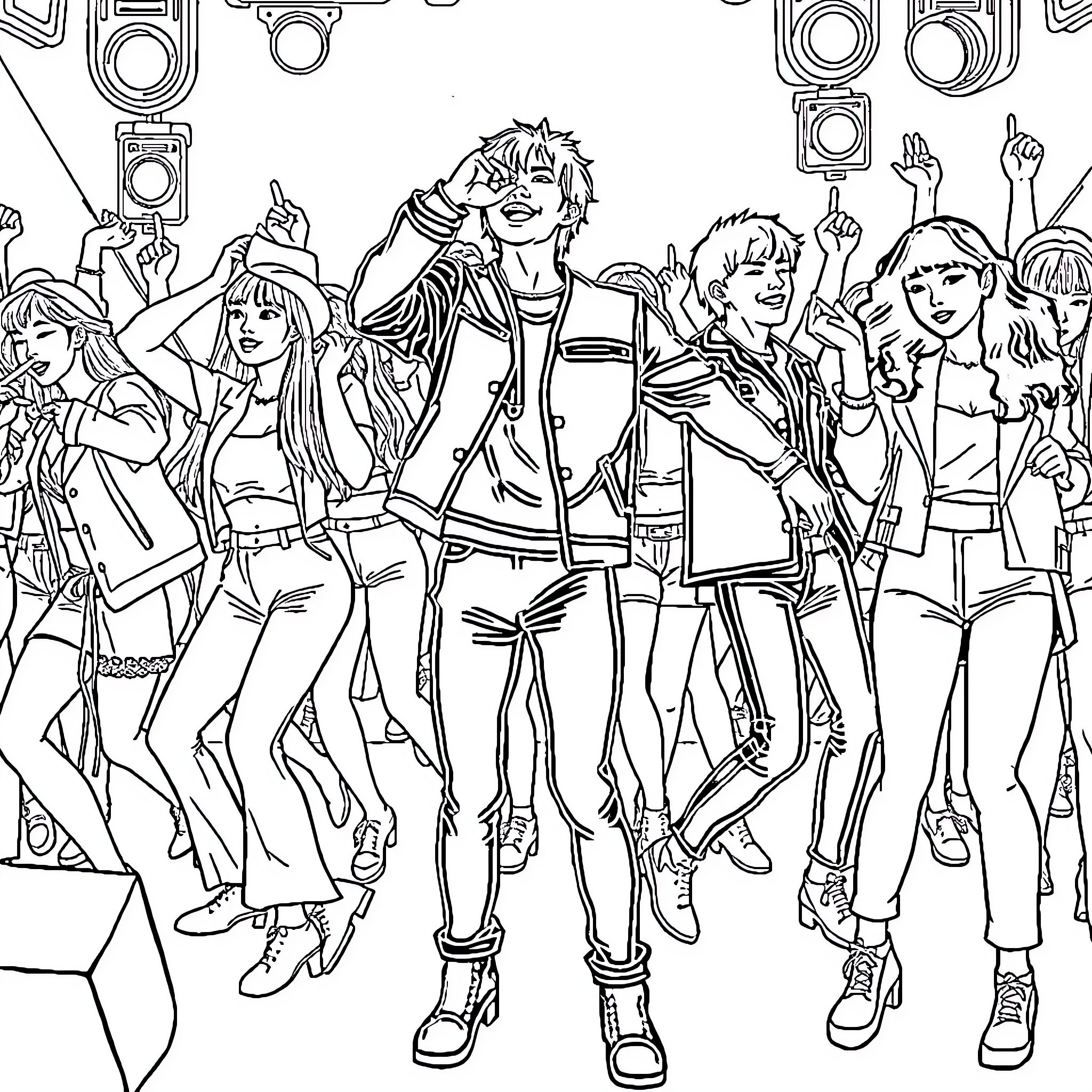 Kpop Performers Celebrate on Stage Coloring Page (free black-and-white line drawing printable PDF for all, from beginners to advanced learners, including children, teens, adults, and seniors)