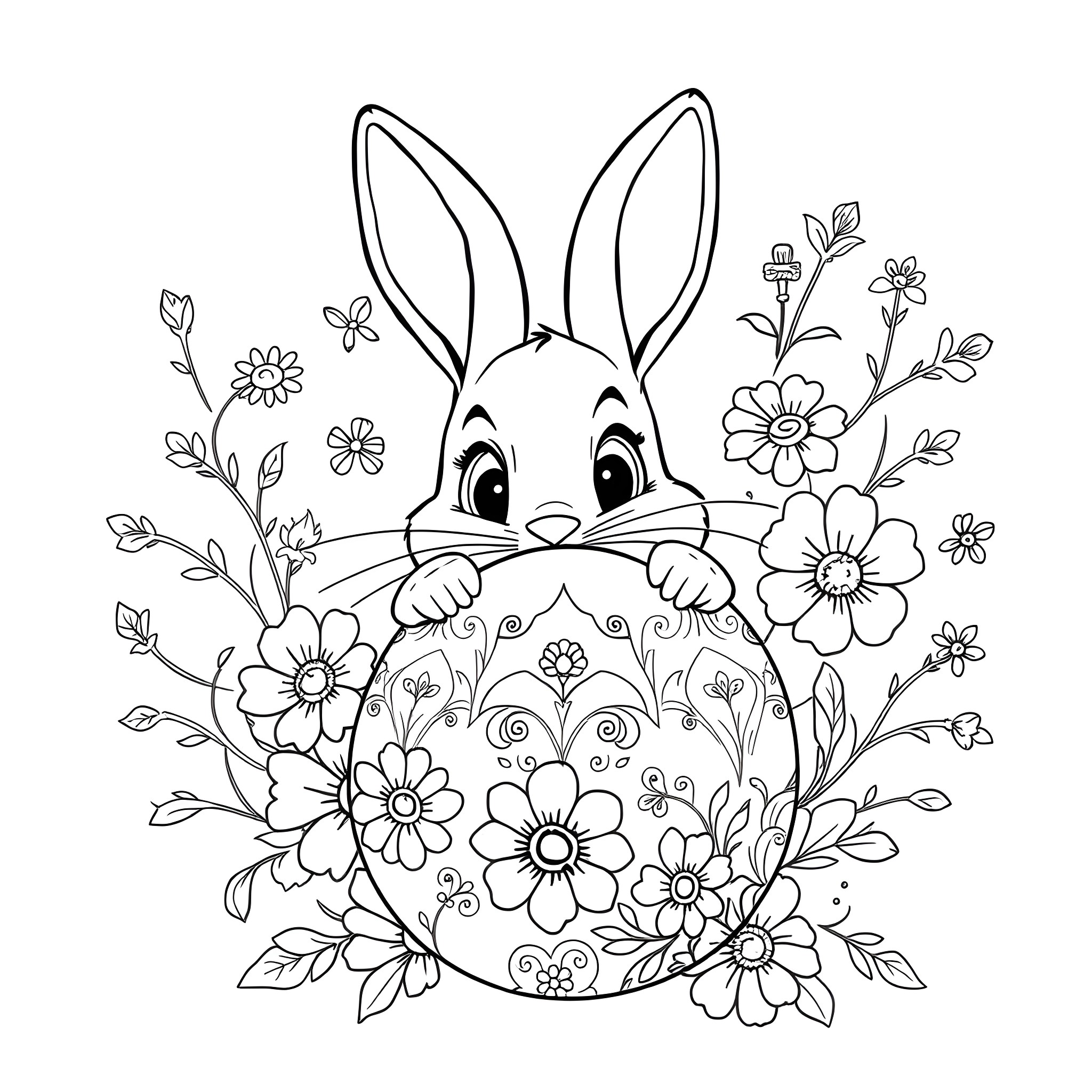 Bunny peeking out from floral decorations Coloring Page (free black-and-white line drawing printable PDF for all, from beginners to advanced learners, including children, teens, adults, and seniors)