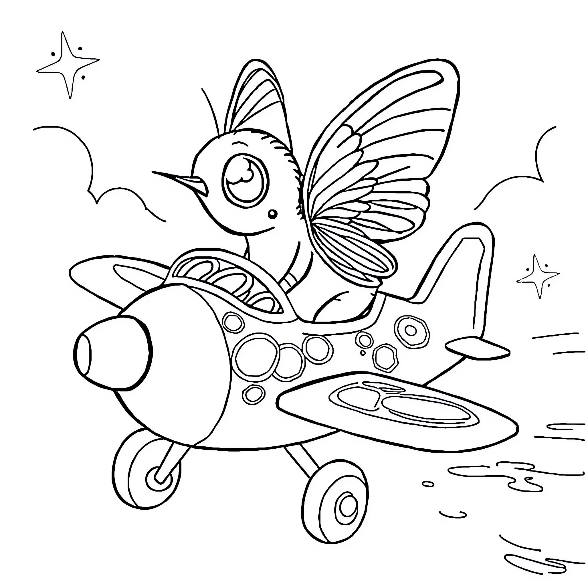 Cucaracha flying happily in a whimsical aircraft Coloring Page (free black-and-white line drawing printable PDF for all, from beginners to advanced learners, including children, teens, adults, and seniors)