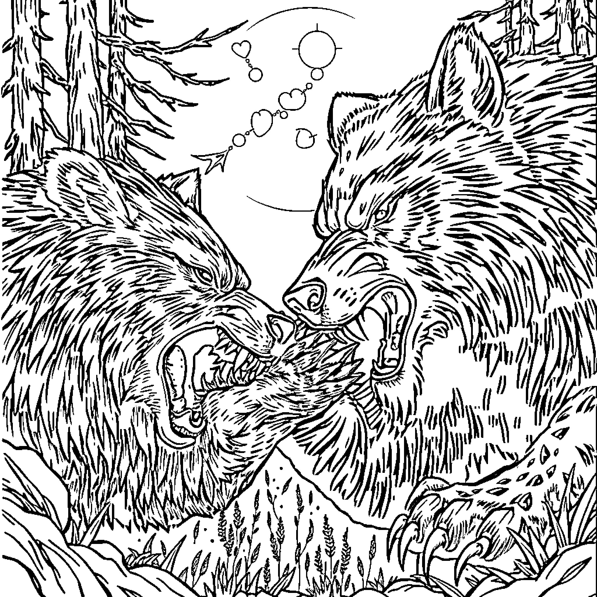 Grizzly Bears Engaged in Fierce Combat in the Forest Coloring Page (free black-and-white line drawing printable PDF for all, from beginners to advanced learners, including children, teens, adults, and seniors)