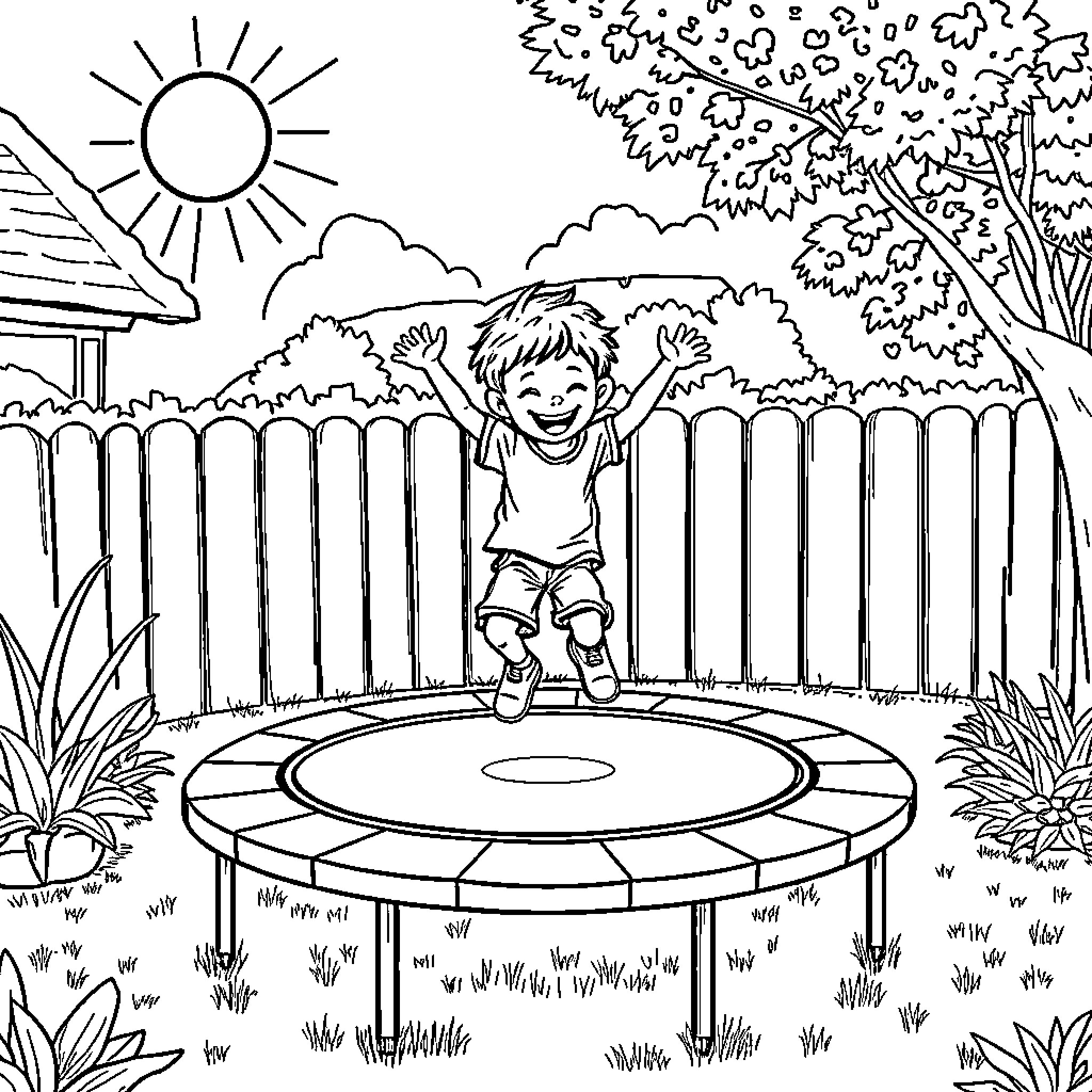Kid jumping happily on trampoline in backyard Coloring Page (free black-and-white line drawing printable PDF for all, from beginners to advanced learners, including children, teens, adults, and seniors)