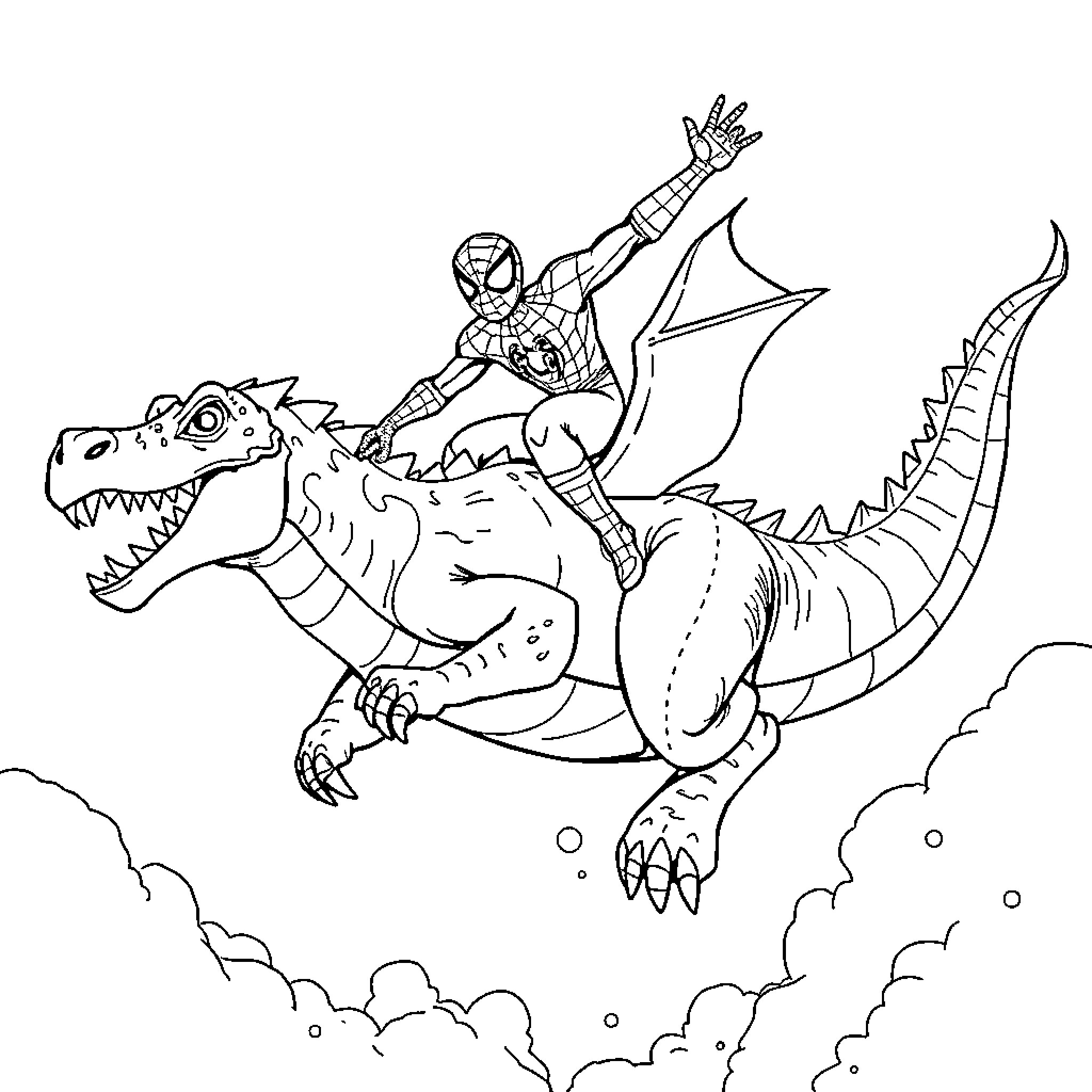 Spiderman riding a fearsome dragon Coloring Page (free black-and-white line drawing printable PDF for all, from beginners to advanced learners, including children, teens, adults, and seniors)