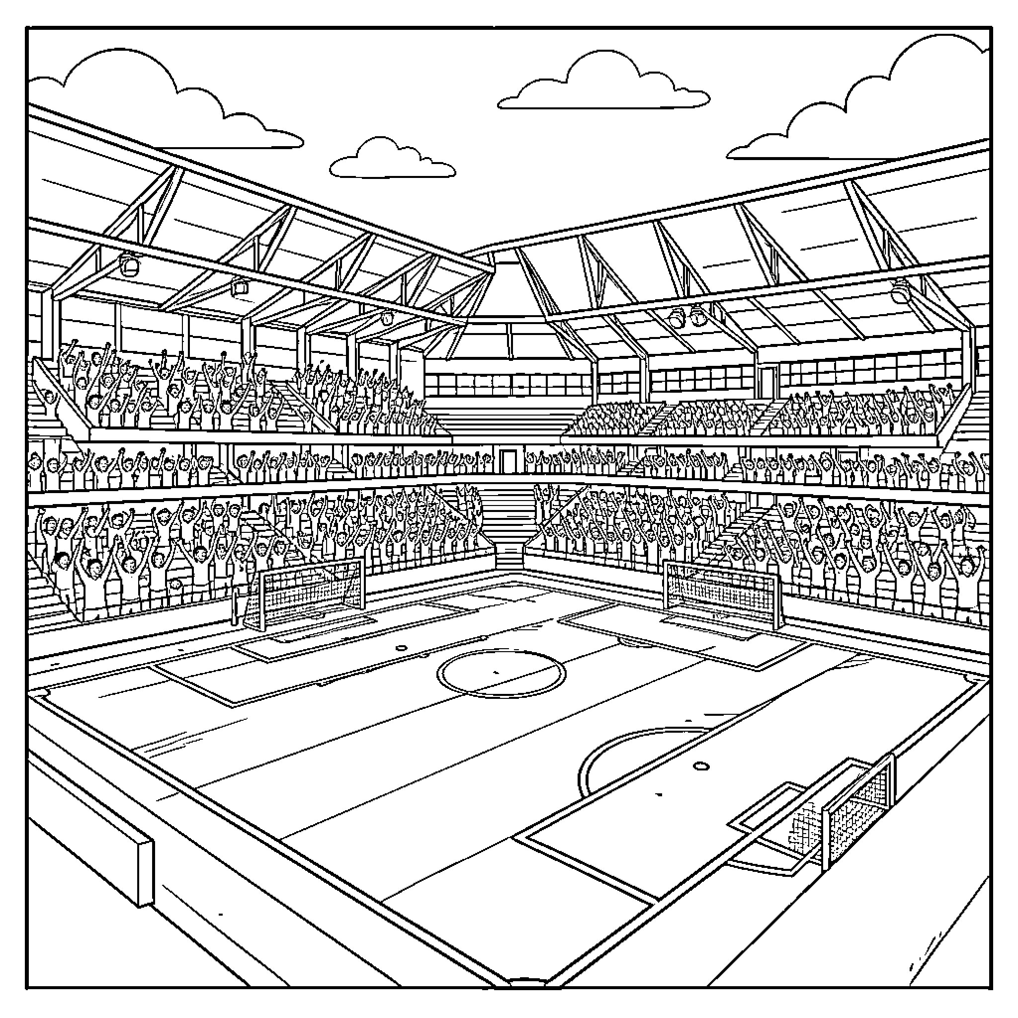 Hill Dickinson Stadium: Packed stadium with sports field Coloring Page (free black-and-white line drawing printable PDF for all, from beginners to advanced learners, including children, teens, adults, and seniors)