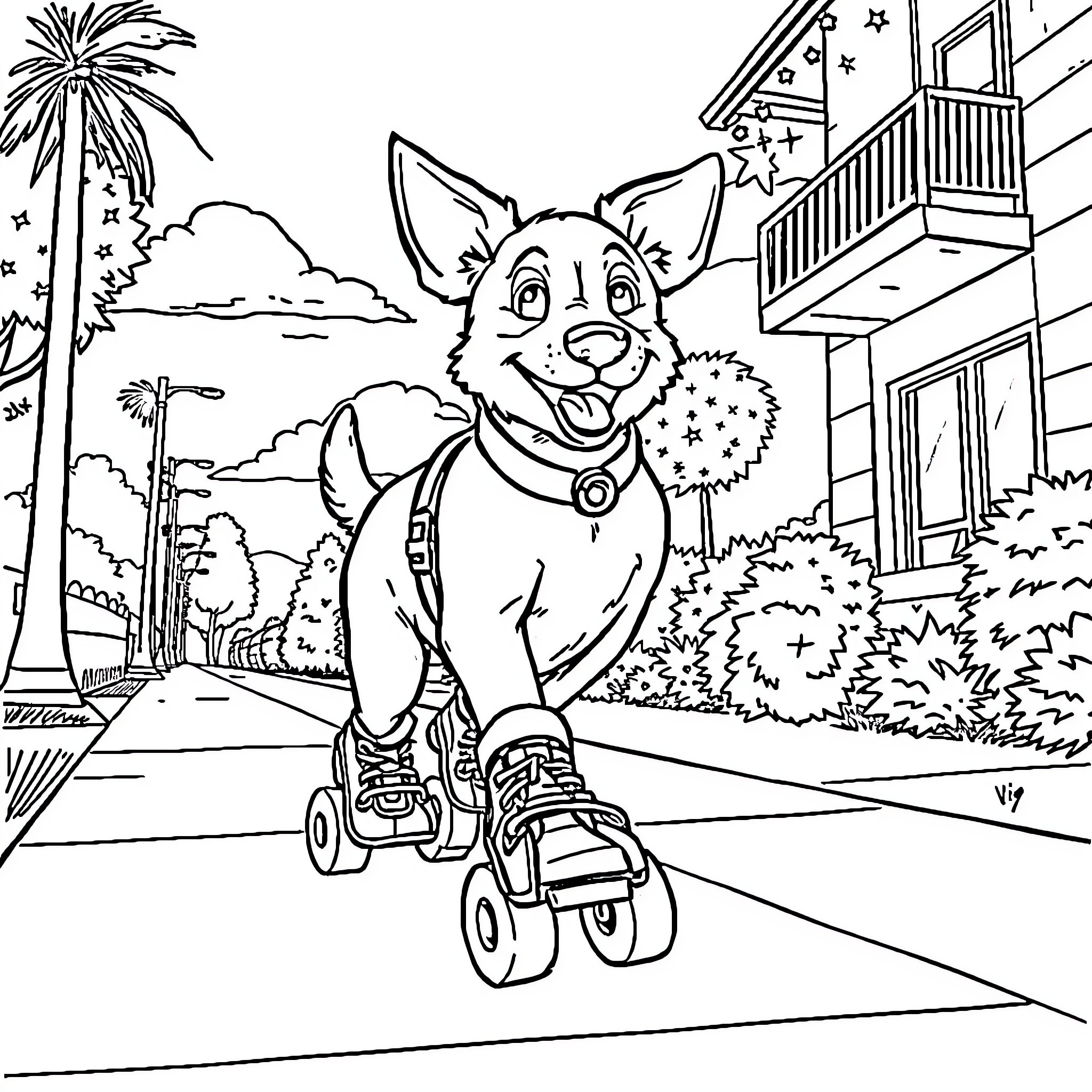 Dog roller skating happily in a neighborhood Coloring Page (free black-and-white line drawing printable PDF for all, from beginners to advanced learners, including children, teens, adults, and seniors)