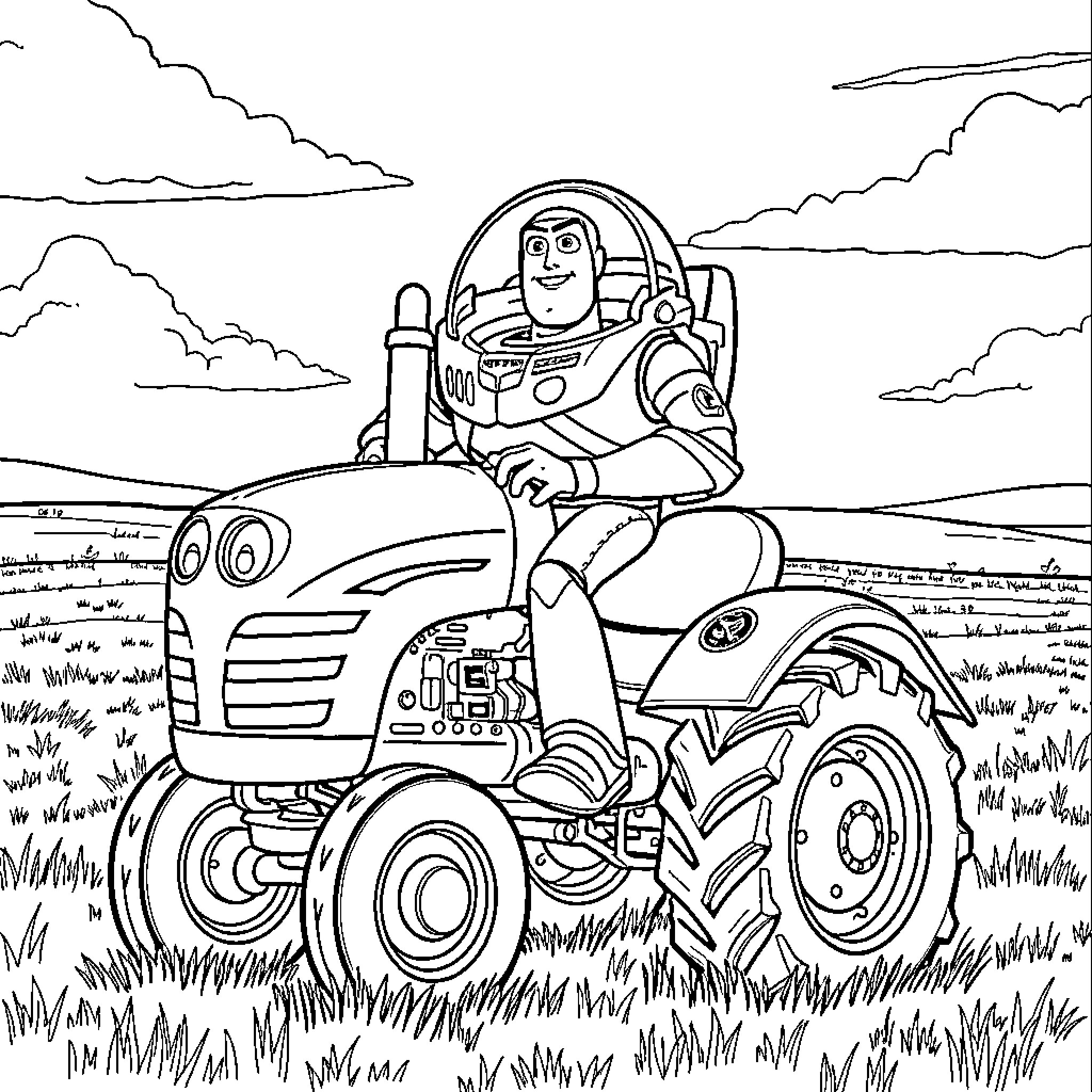 Buzz Lightyear operating a tractor in the countryside Coloring Page (free black-and-white line drawing printable PDF for all, from beginners to advanced learners, including children, teens, adults, and seniors)