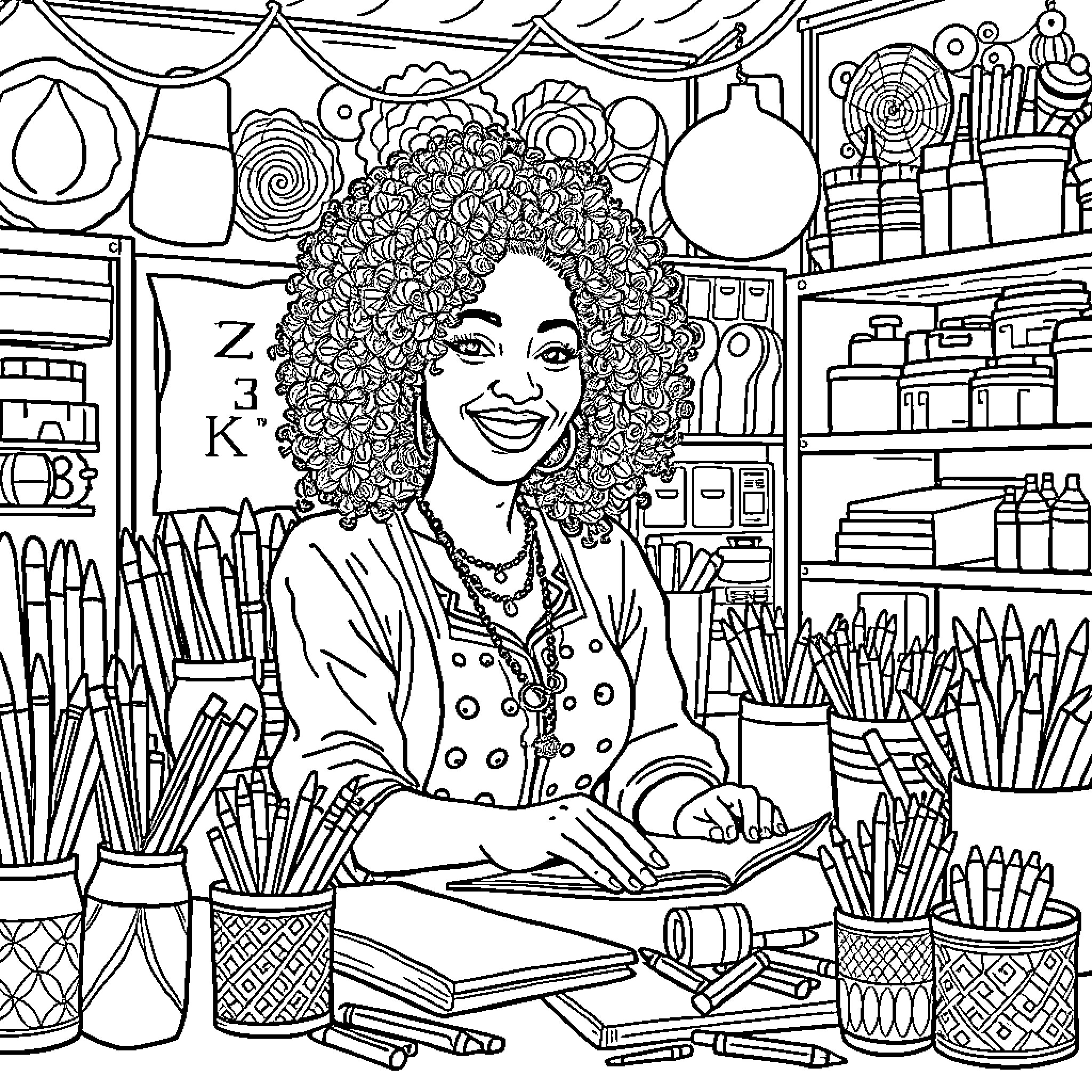 Woman running a creative shop full of art supplies Coloring Page (free black-and-white line drawing printable PDF for all, from beginners to advanced learners, including children, teens, adults, and seniors)