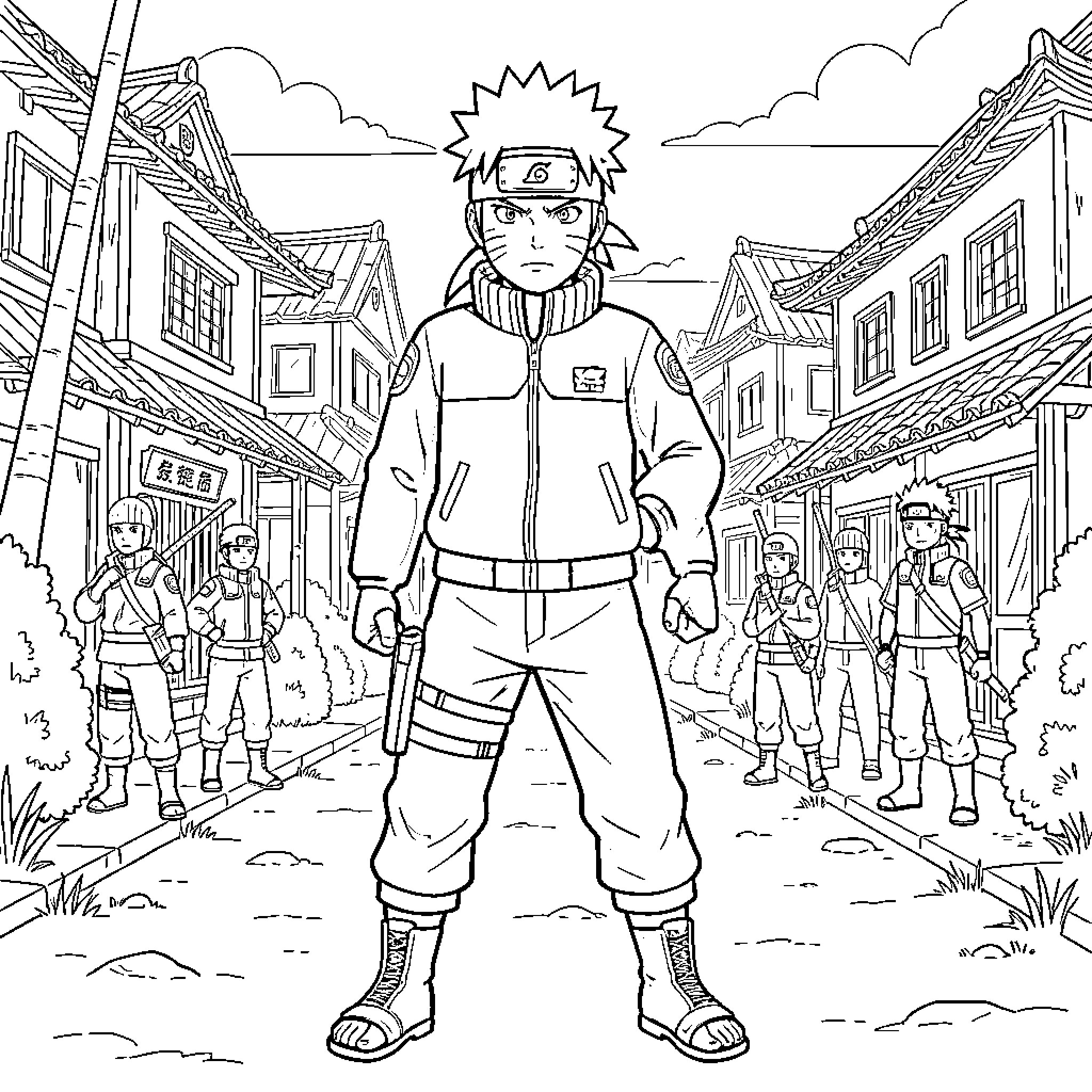 Naruto standing determinedly amidst his shinobi comrades Coloring Page (free black-and-white line drawing printable PDF for all, from beginners to advanced learners, including children, teens, adults, and seniors)