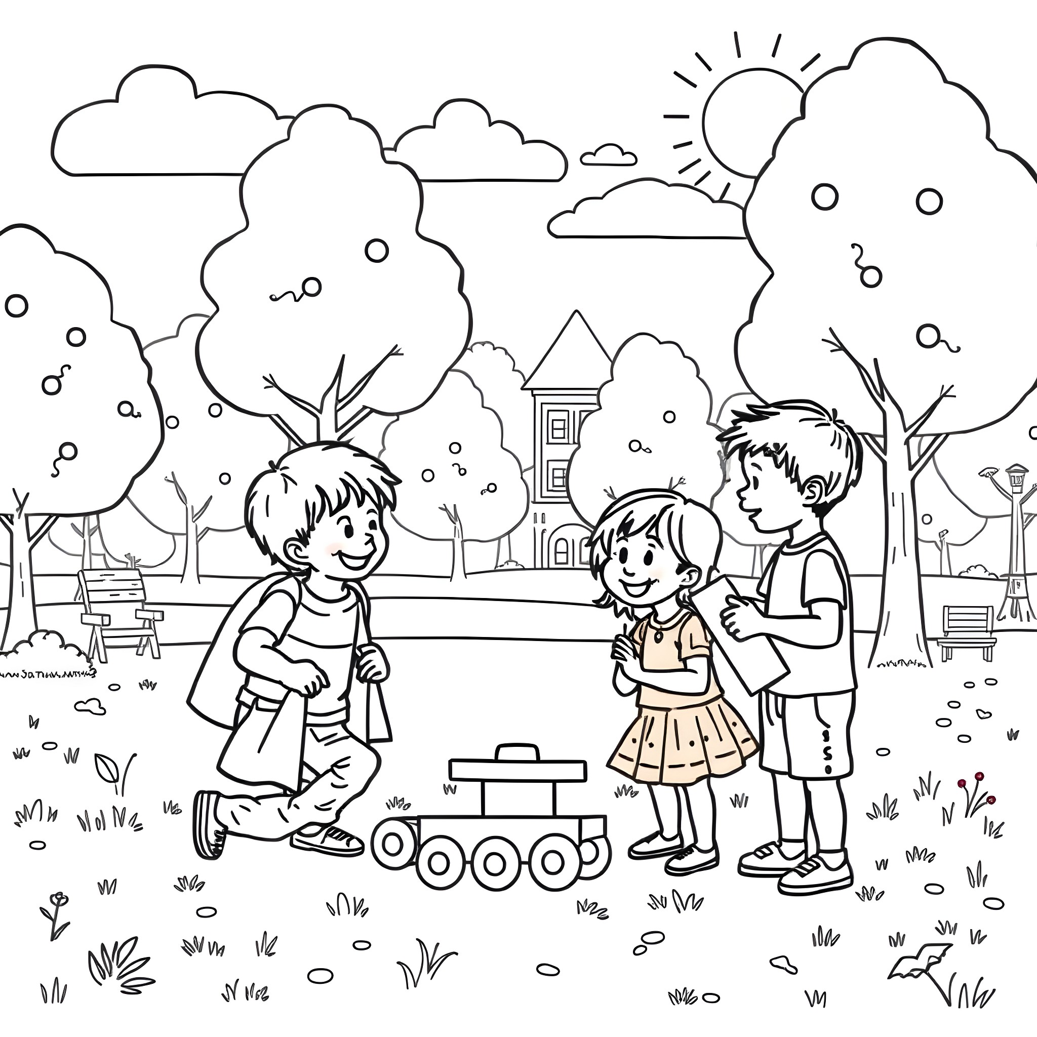 Children playing and exploring in the park Coloring Page (free black-and-white line drawing printable PDF for all, from beginners to advanced learners, including children, teens, adults, and seniors)