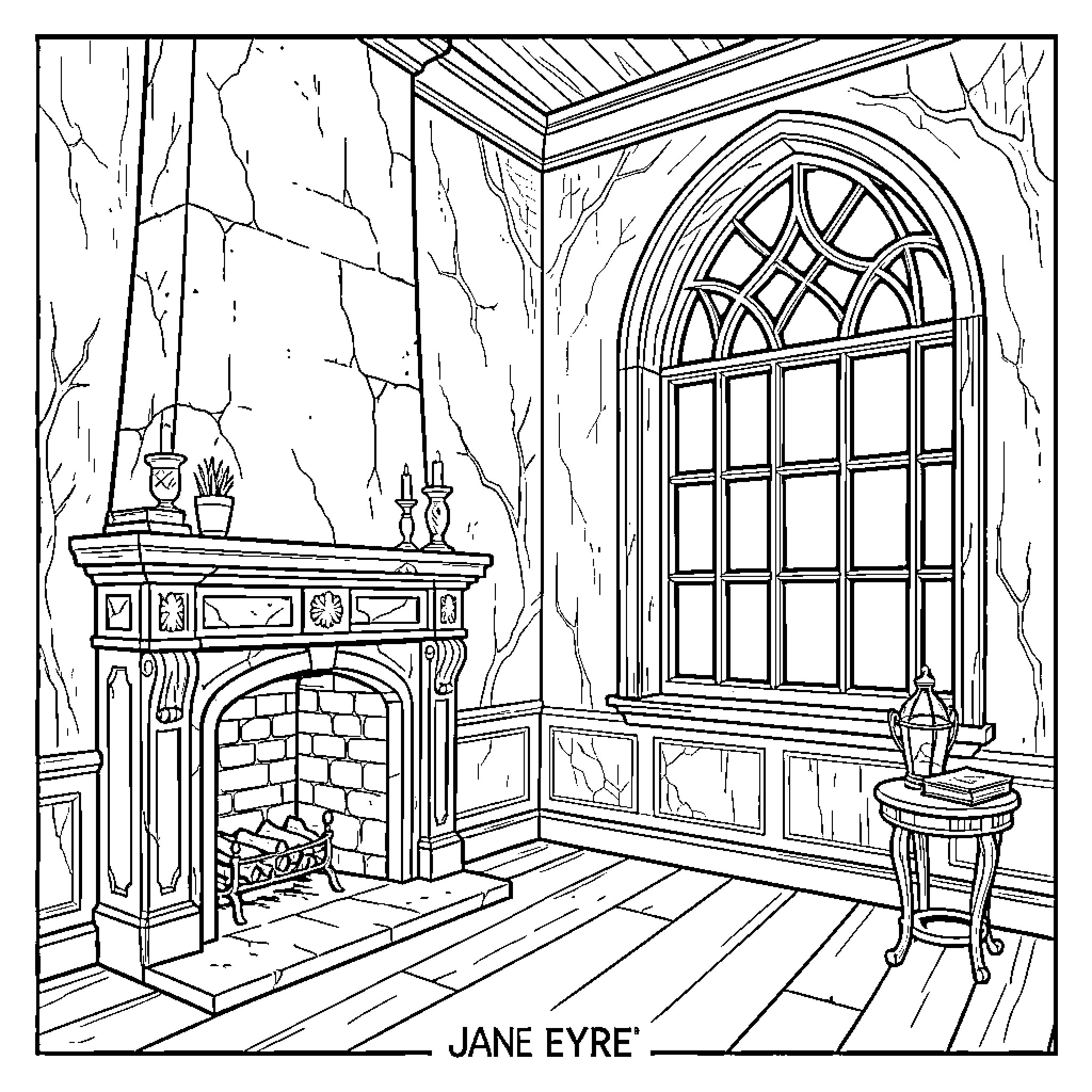 Red Room featuring a stone fireplace and large window Coloring Page (free black-and-white line drawing printable PDF for all, from beginners to advanced learners, including children, teens, adults, and seniors)