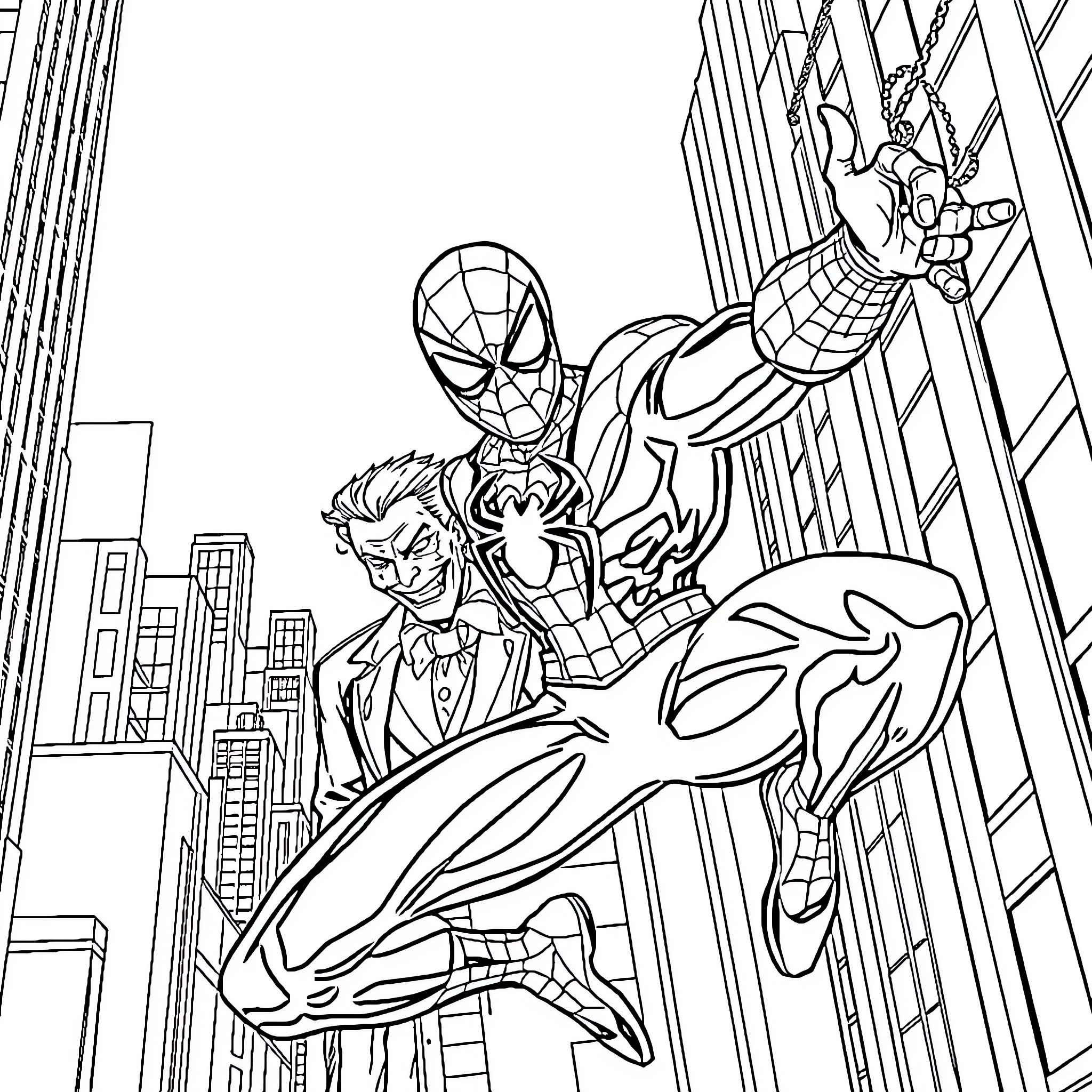 Spiderman battling villains in the city skyline Coloring Page (free black-and-white line drawing printable PDF for all, from beginners to advanced learners, including children, teens, adults, and seniors)