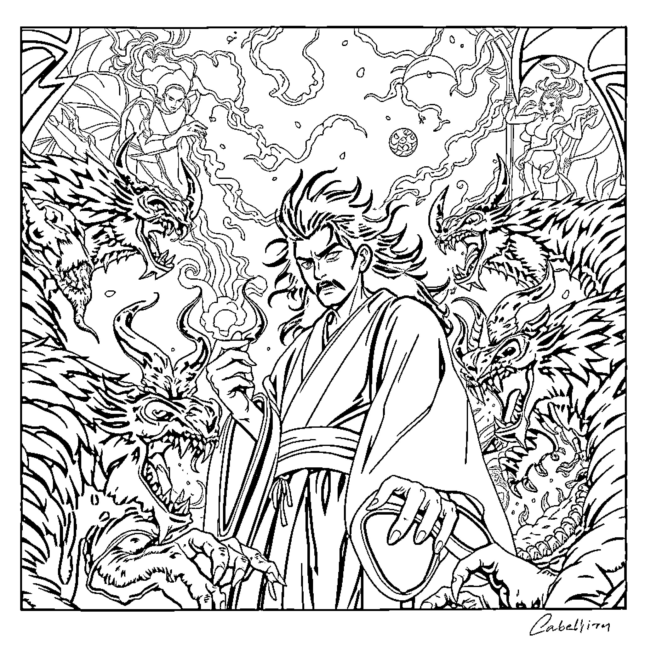 Nezuko's Mystical Encounter with Powerful Dragons Coloring Page (free black-and-white line drawing printable PDF for all, from beginners to advanced learners, including children, teens, adults, and seniors)