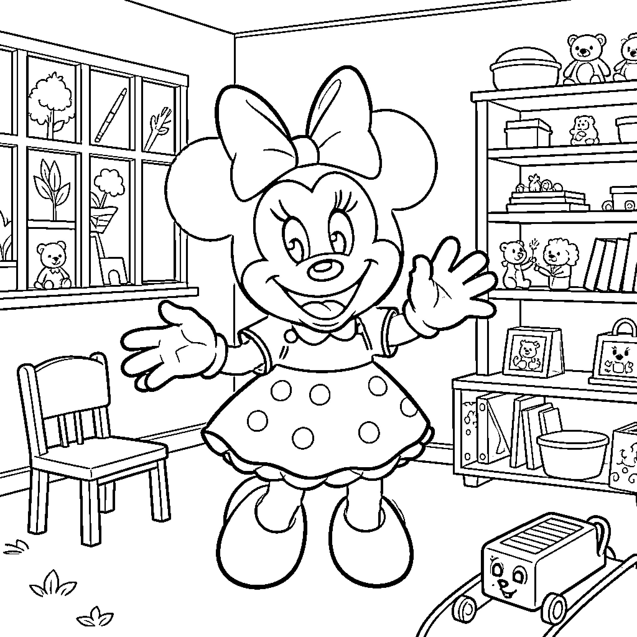 Minnie waving happily in a playroom Coloring Page (free black-and-white line drawing printable PDF for all, from beginners to advanced learners, including children, teens, adults, and seniors)