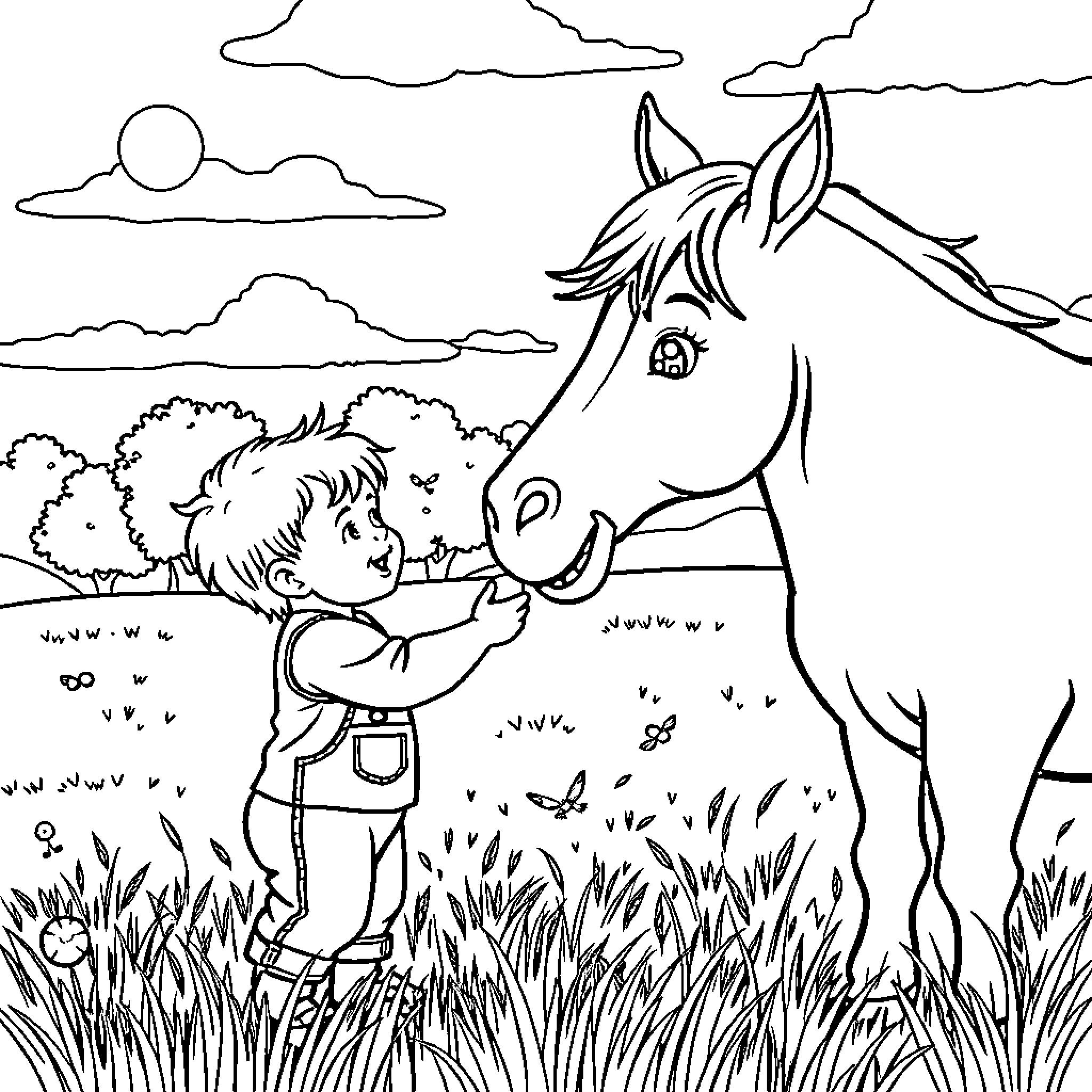 Baby befriends majestic horse in countryside Coloring Page (free black-and-white line drawing printable PDF for all, from beginners to advanced learners, including children, teens, adults, and seniors)