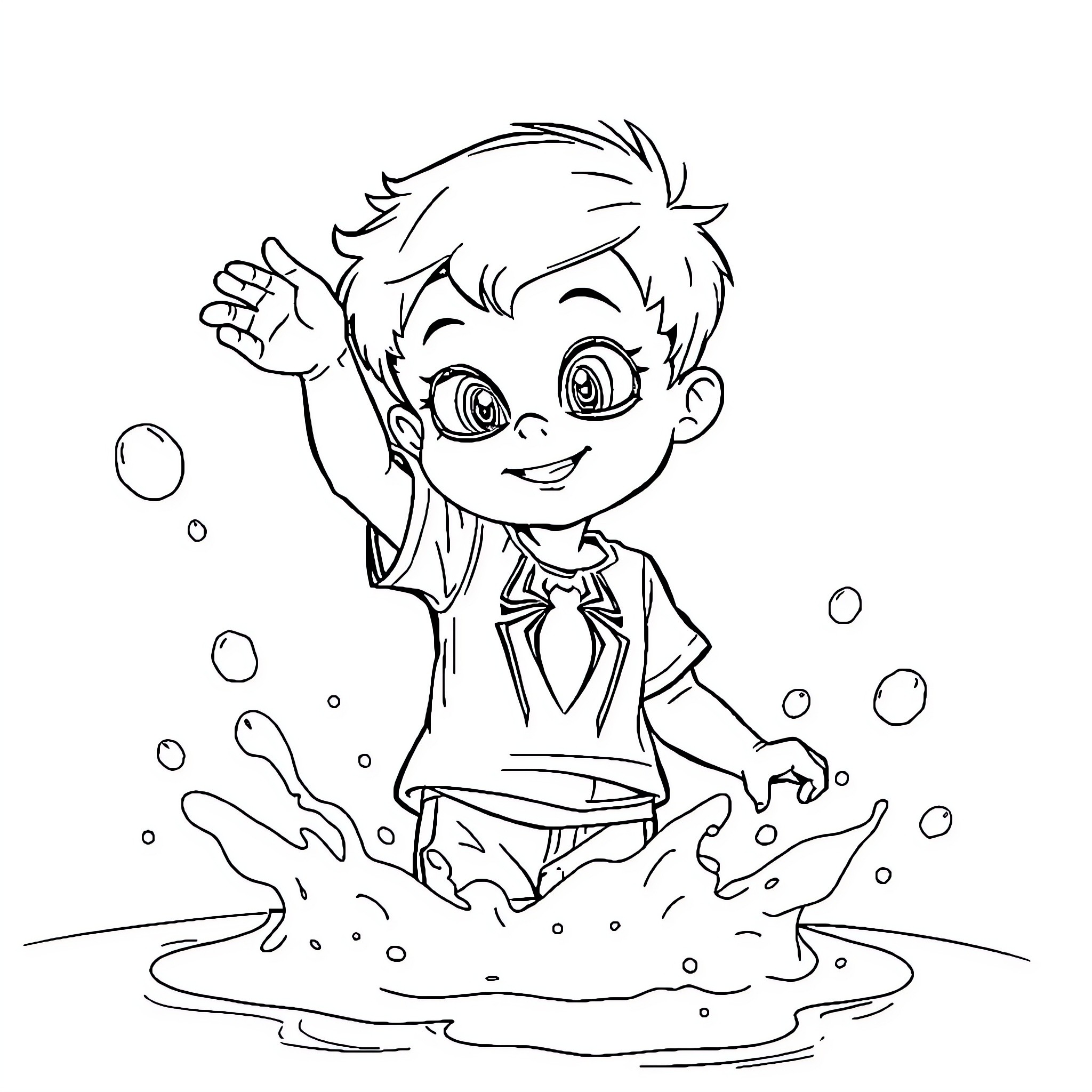 Boy Playing Joyfully in Puddle Coloring Page (free black-and-white line drawing printable PDF for all, from beginners to advanced learners, including children, teens, adults, and seniors)