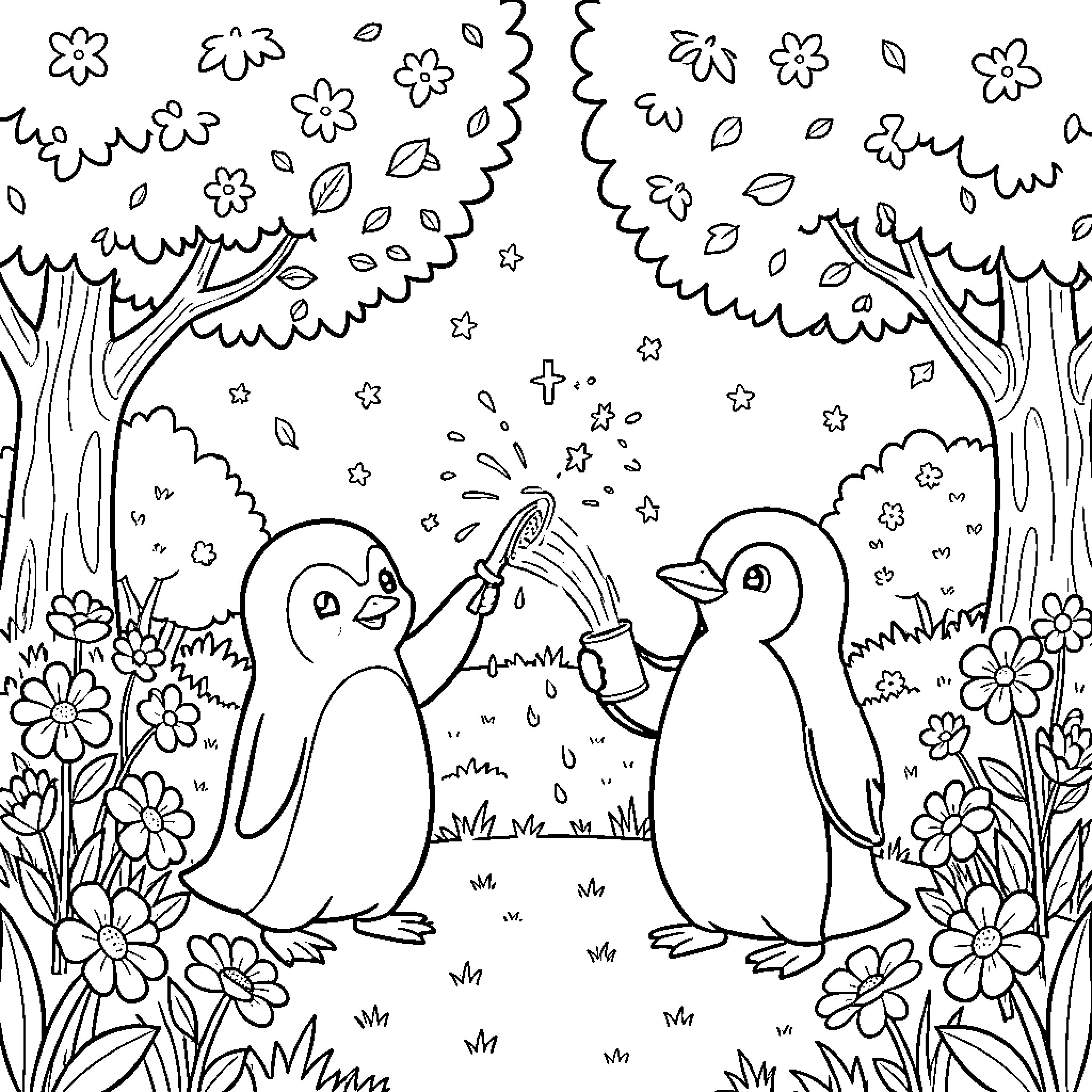 Pig Penguins Enjoying a Spring Day Coloring Page (free black-and-white line drawing printable PDF for all, from beginners to advanced learners, including children, teens, adults, and seniors)