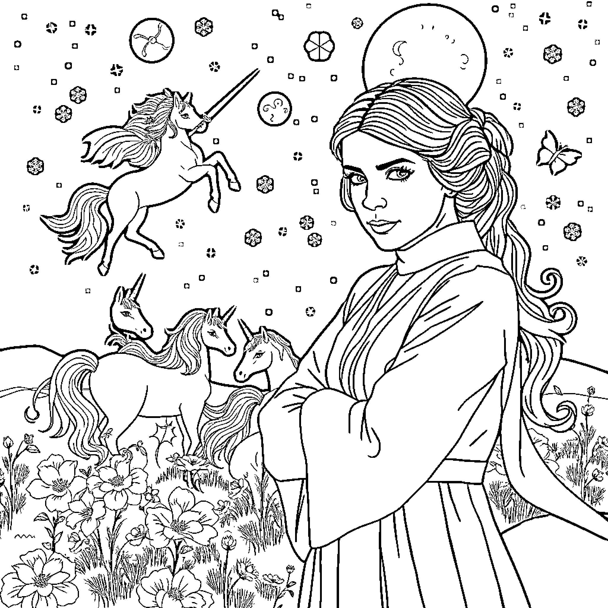 Princess Leia's Enchanting Winter Wonderland Coloring Page (free black-and-white line drawing printable PDF for all, from beginners to advanced learners, including children, teens, adults, and seniors)