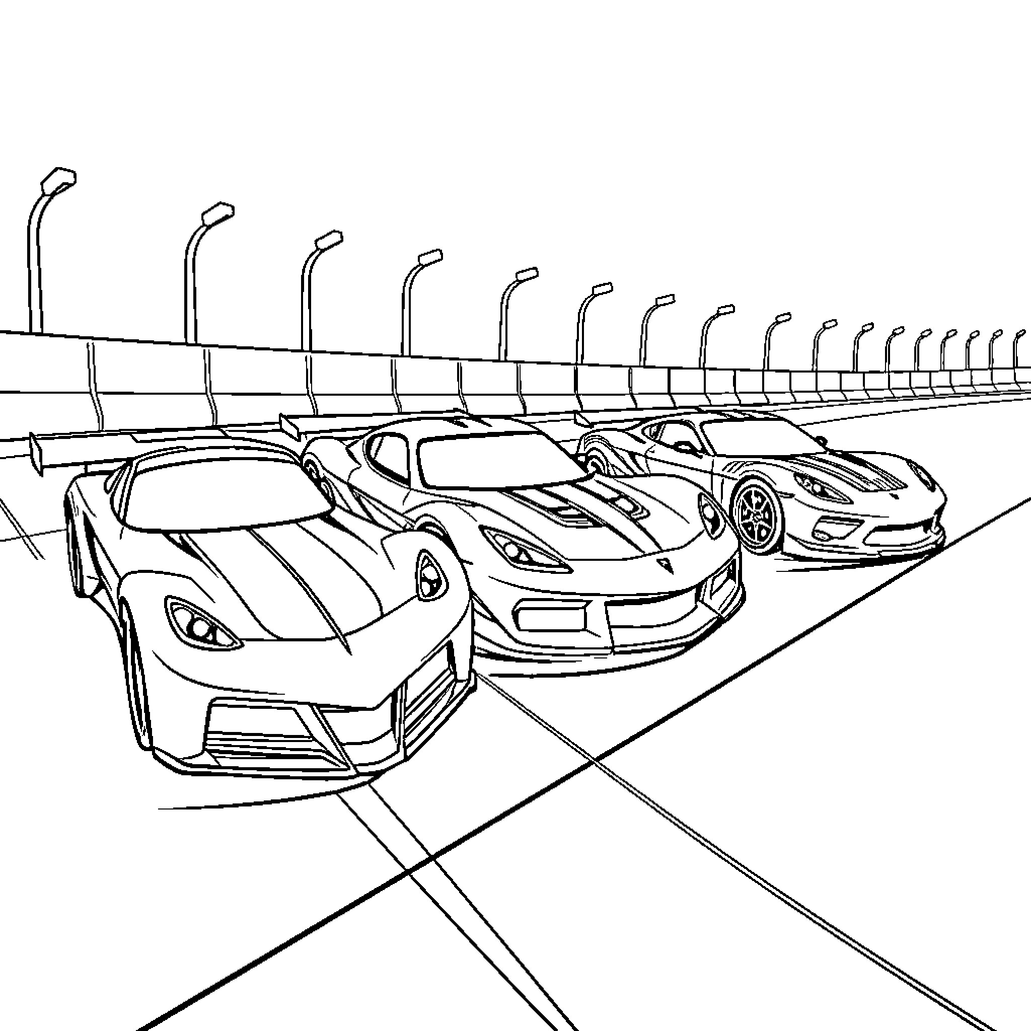 Hot Wheels race cars speeding on track Coloring Page (free black-and-white line drawing printable PDF for all, from beginners to advanced learners, including children, teens, adults, and seniors)