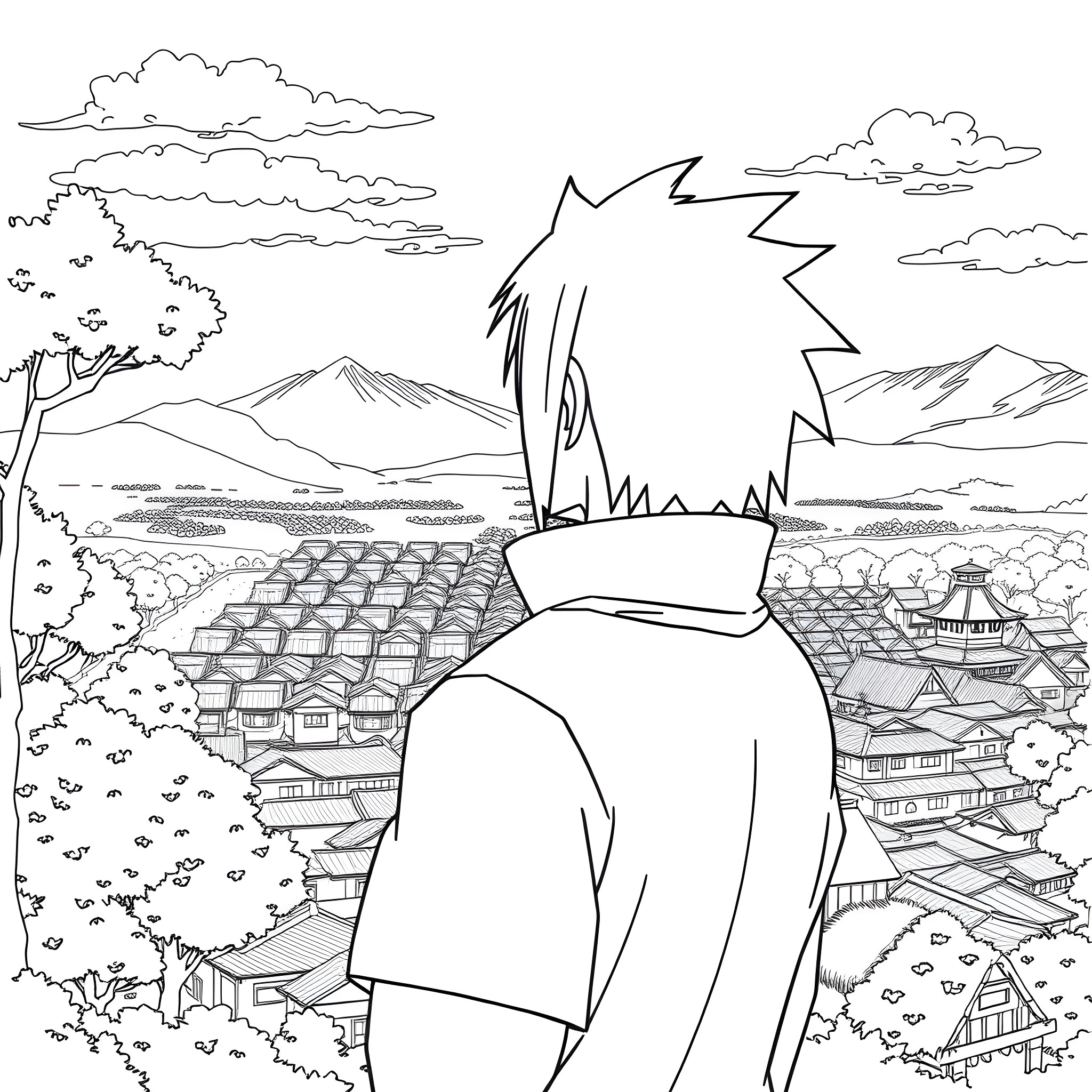 Sasuke Uchiha overlooking a village in the mountains Coloring Page (free black-and-white line drawing printable PDF for all, from beginners to advanced learners, including children, teens, adults, and seniors)