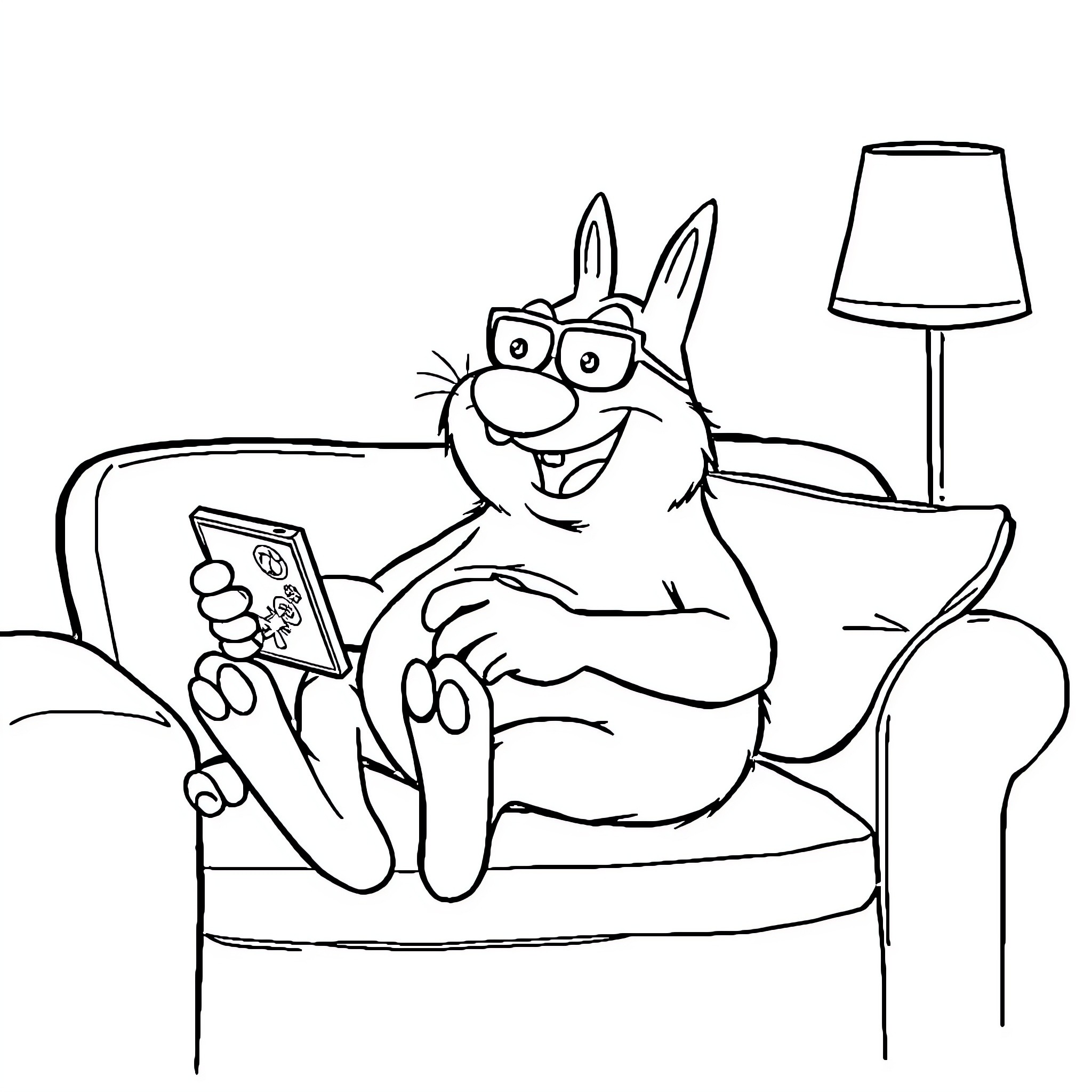 Oggy relaxing on the couch while using a digital device Coloring Page (free black-and-white line drawing printable PDF for all, from beginners to advanced learners, including children, teens, adults, and seniors)