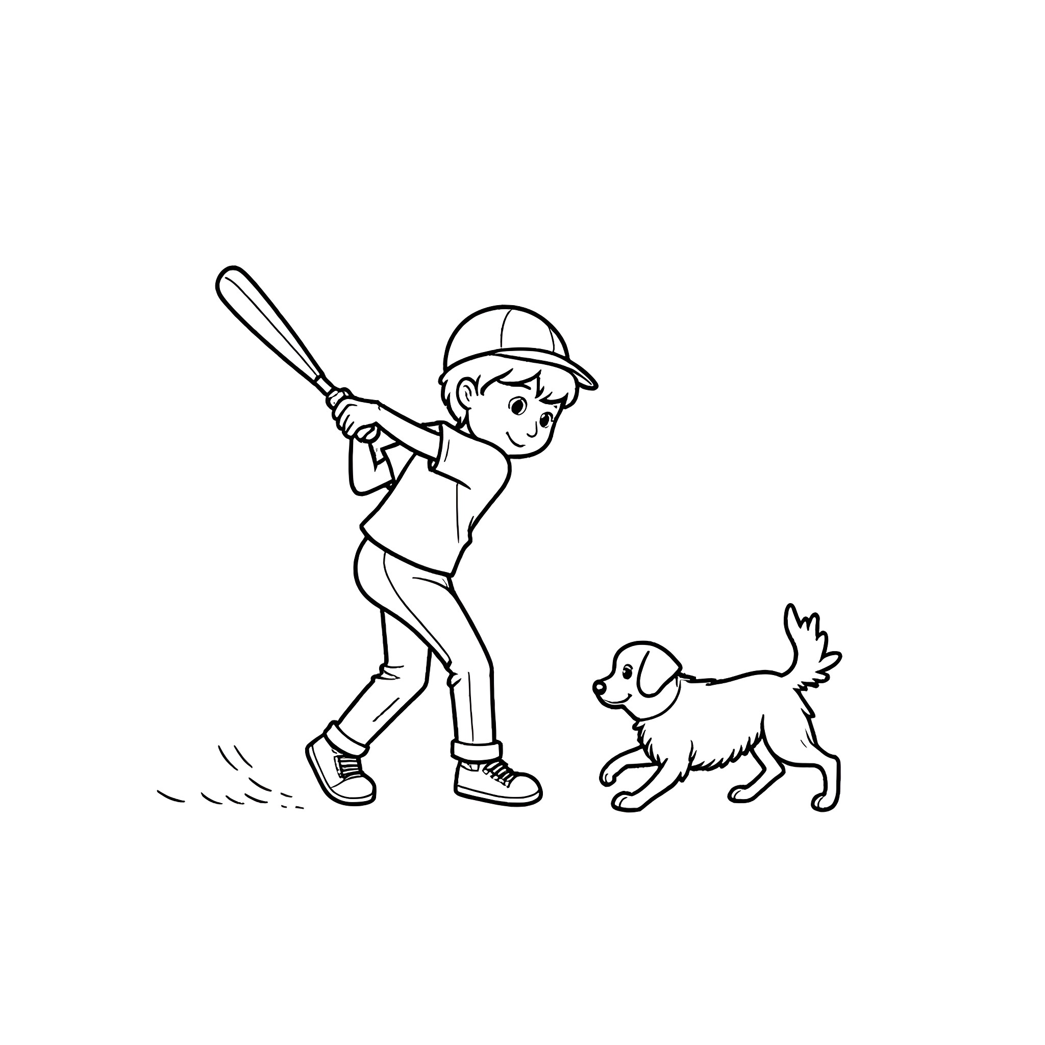 Boy playing baseball with his dog Coloring Page (free black-and-white line drawing printable PDF for all, from beginners to advanced learners, including children, teens, adults, and seniors)