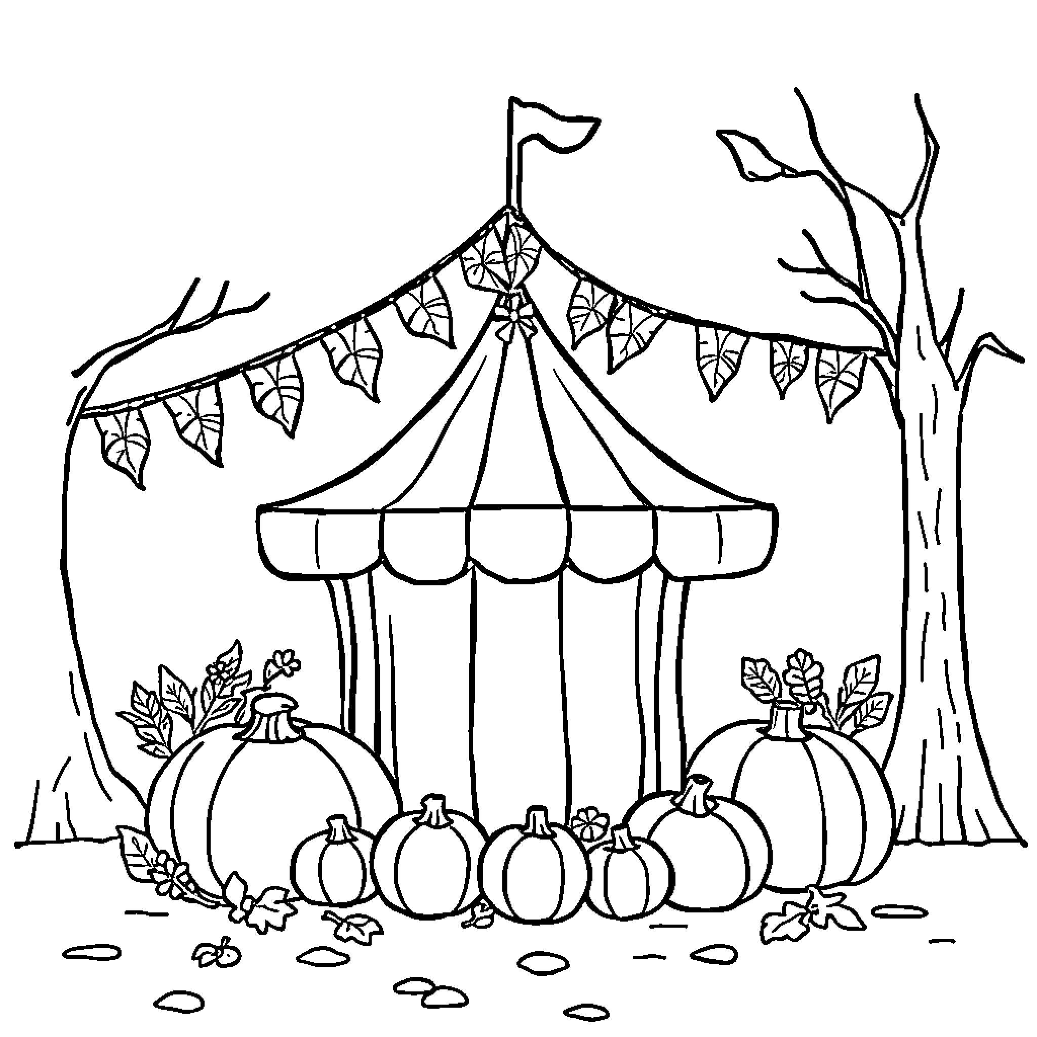 Fall Festival Celebration with Tent and Pumpkins Coloring Page (free black-and-white line drawing printable PDF for all, from beginners to advanced learners, including children, teens, adults, and seniors)