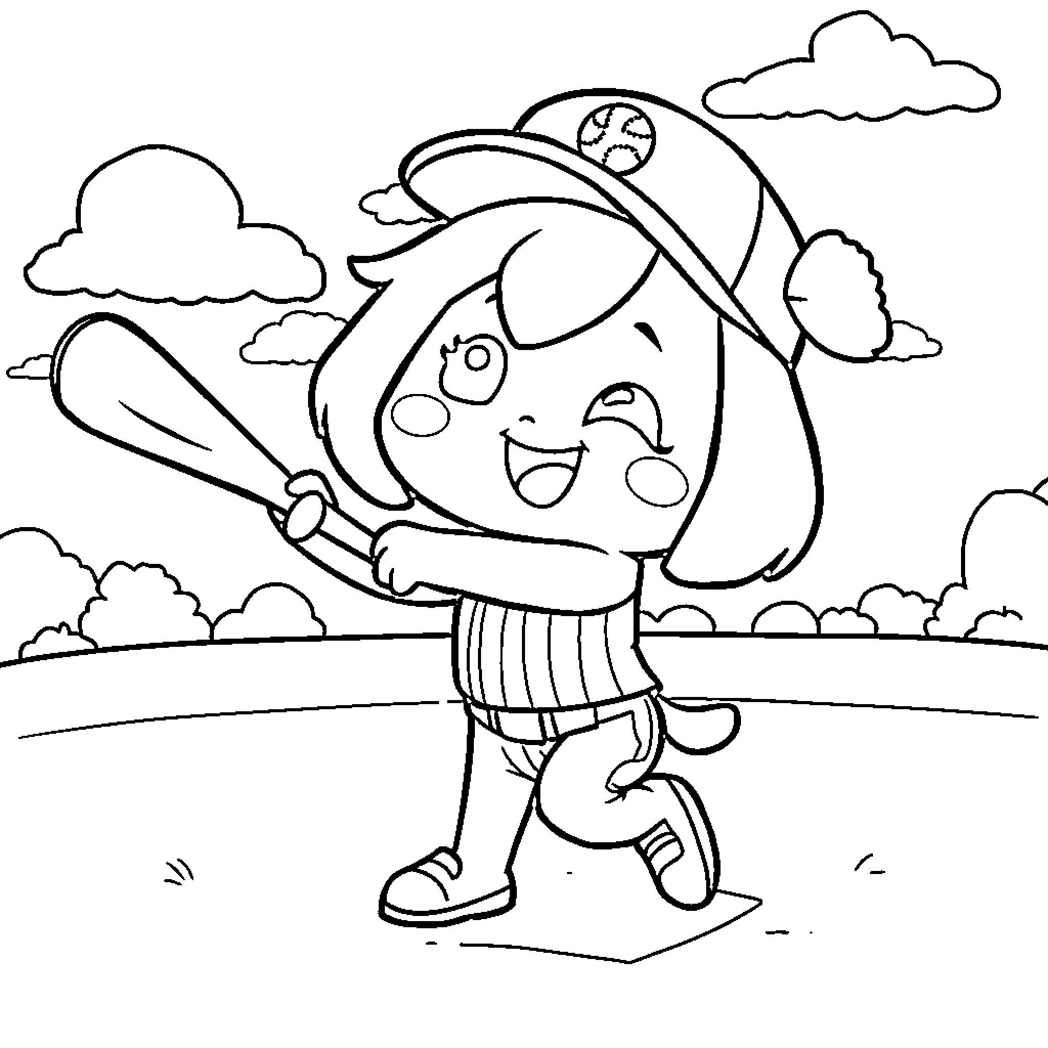 Cinamoroll playing baseball with joy Coloring Page (free black-and-white line drawing printable PDF for all, from beginners to advanced learners, including children, teens, adults, and seniors)