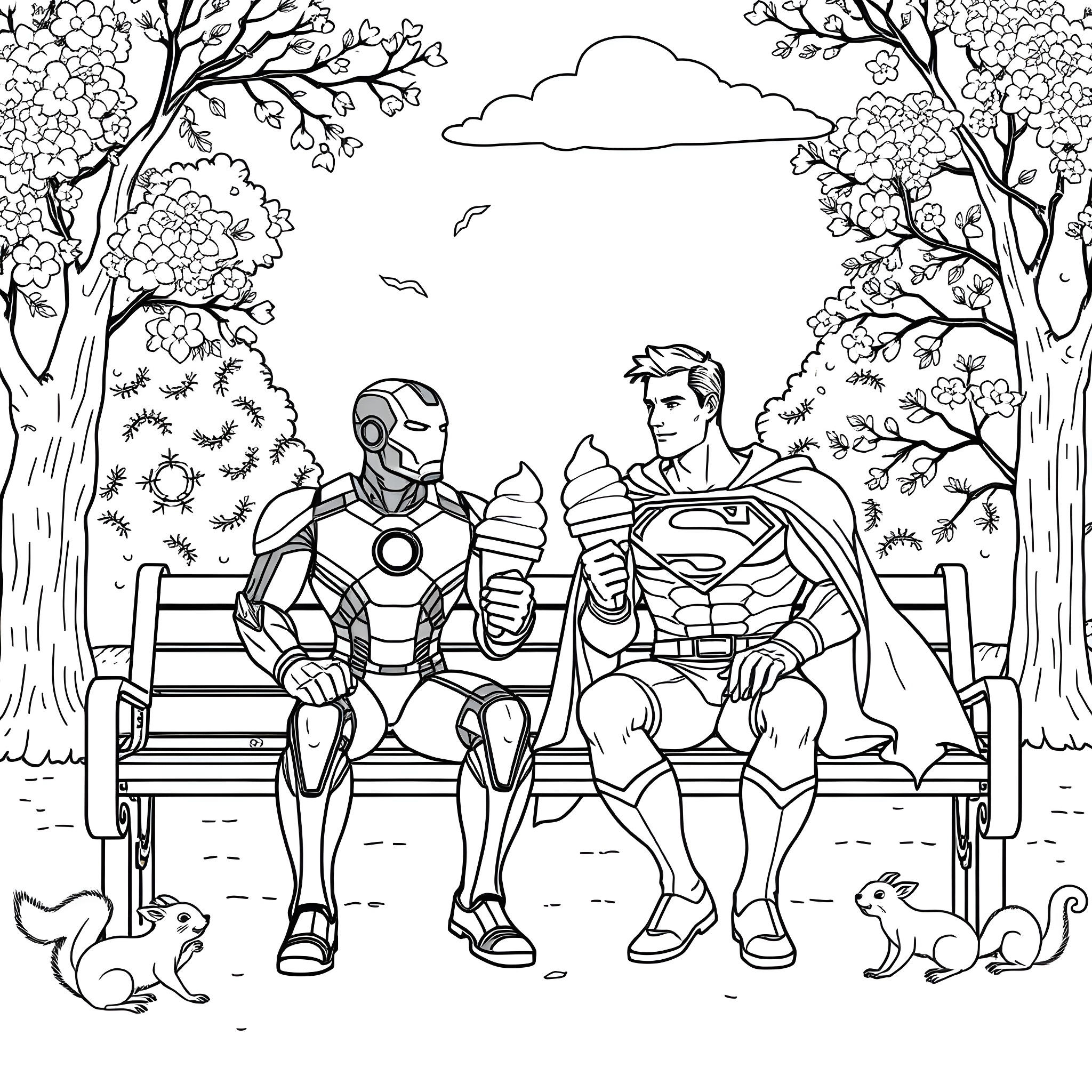 Iron Man and Superman relaxing in a nature setting Coloring Page (free black-and-white line drawing printable PDF for all, from beginners to advanced learners, including children, teens, adults, and seniors)